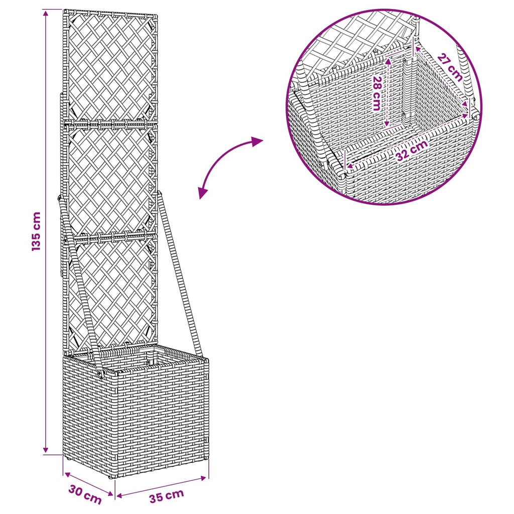Garden Planter with Trellis Grey 35 x 30 x 135 cm