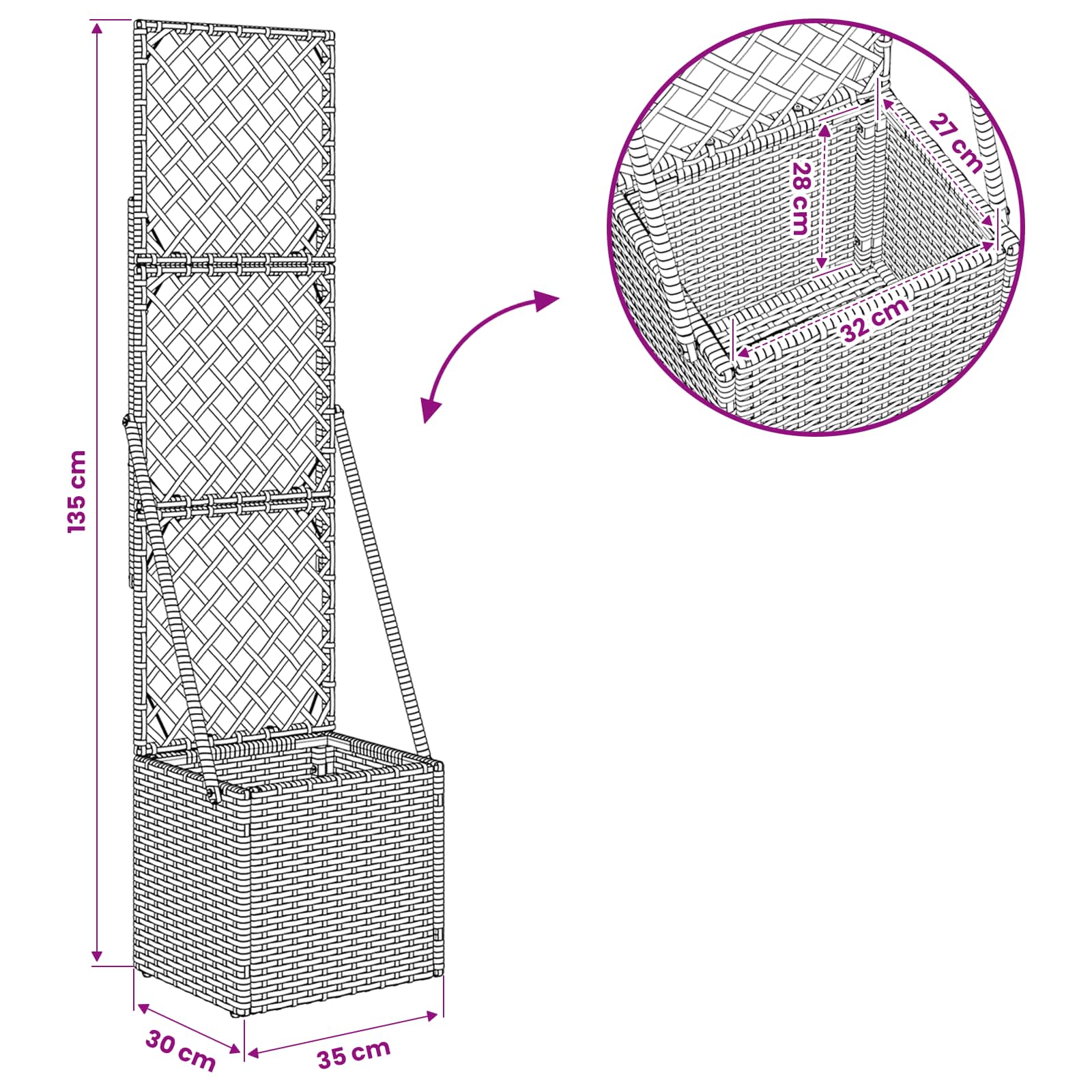 Garden Planter with Trellis Grey 35 x 30 x 135 cm