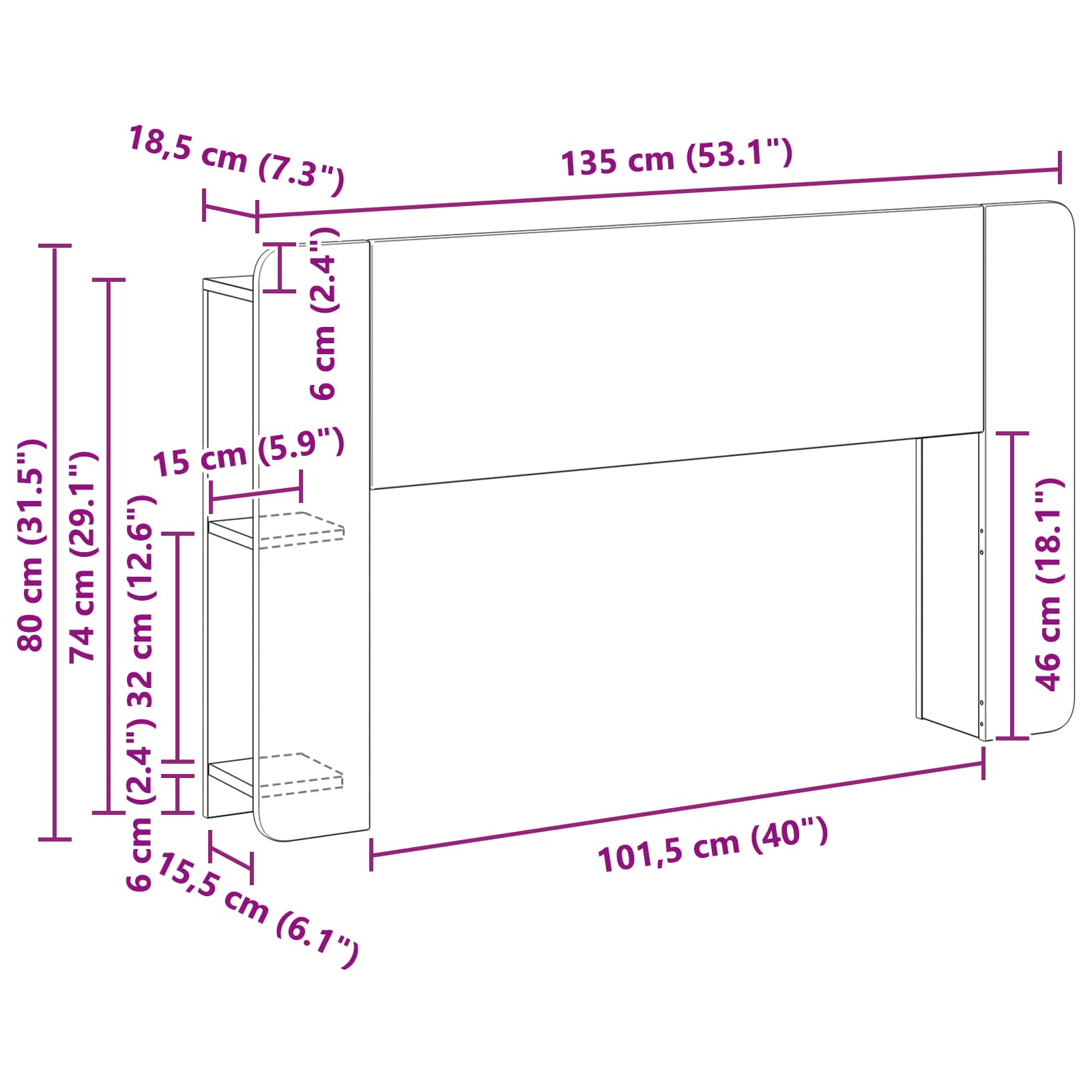 Cabecero con armario 135 x 18,5 x 80 cm Madera de ingeniería