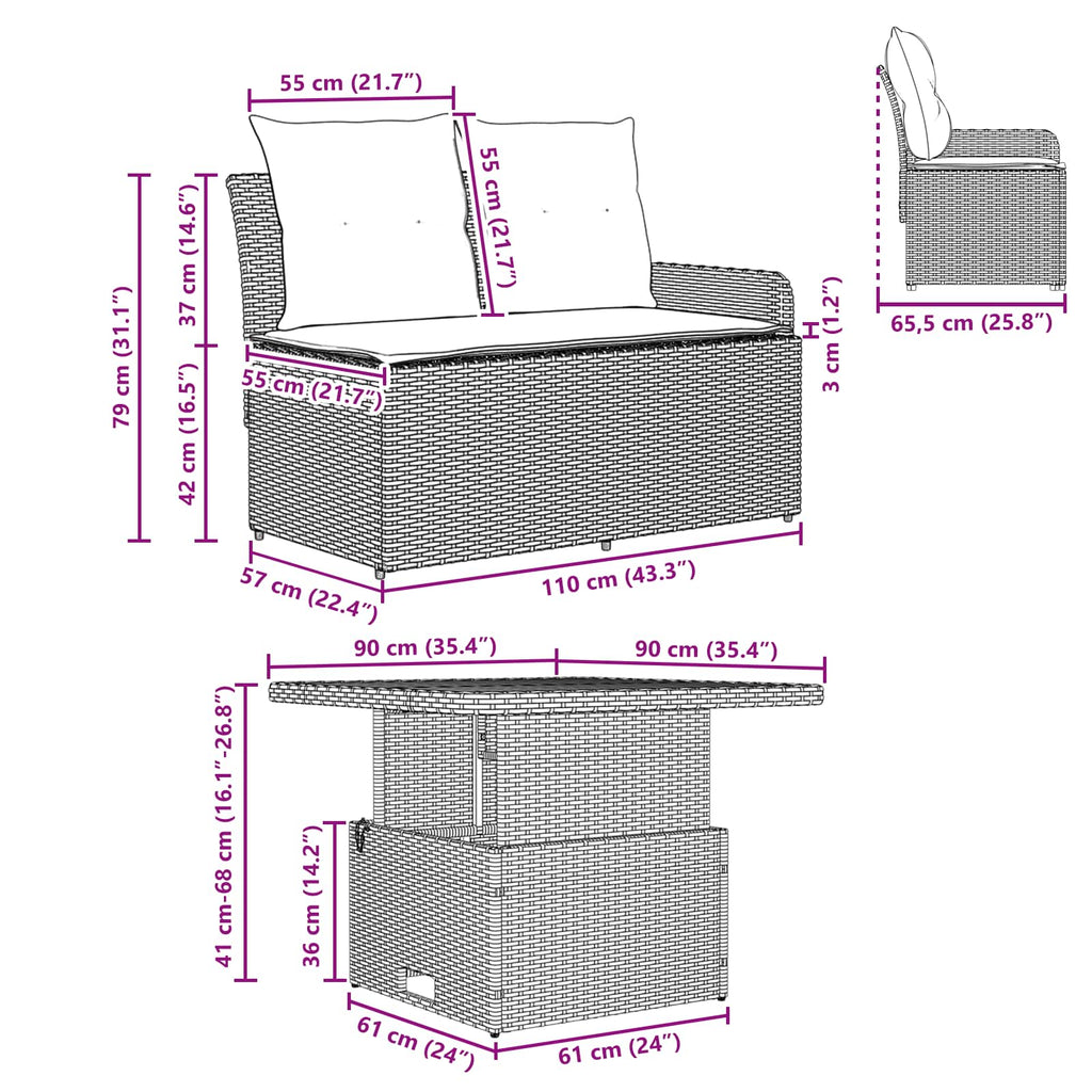 Sofá de Jardín con Reposabrazos y Mesa Elevable 2 Pieza