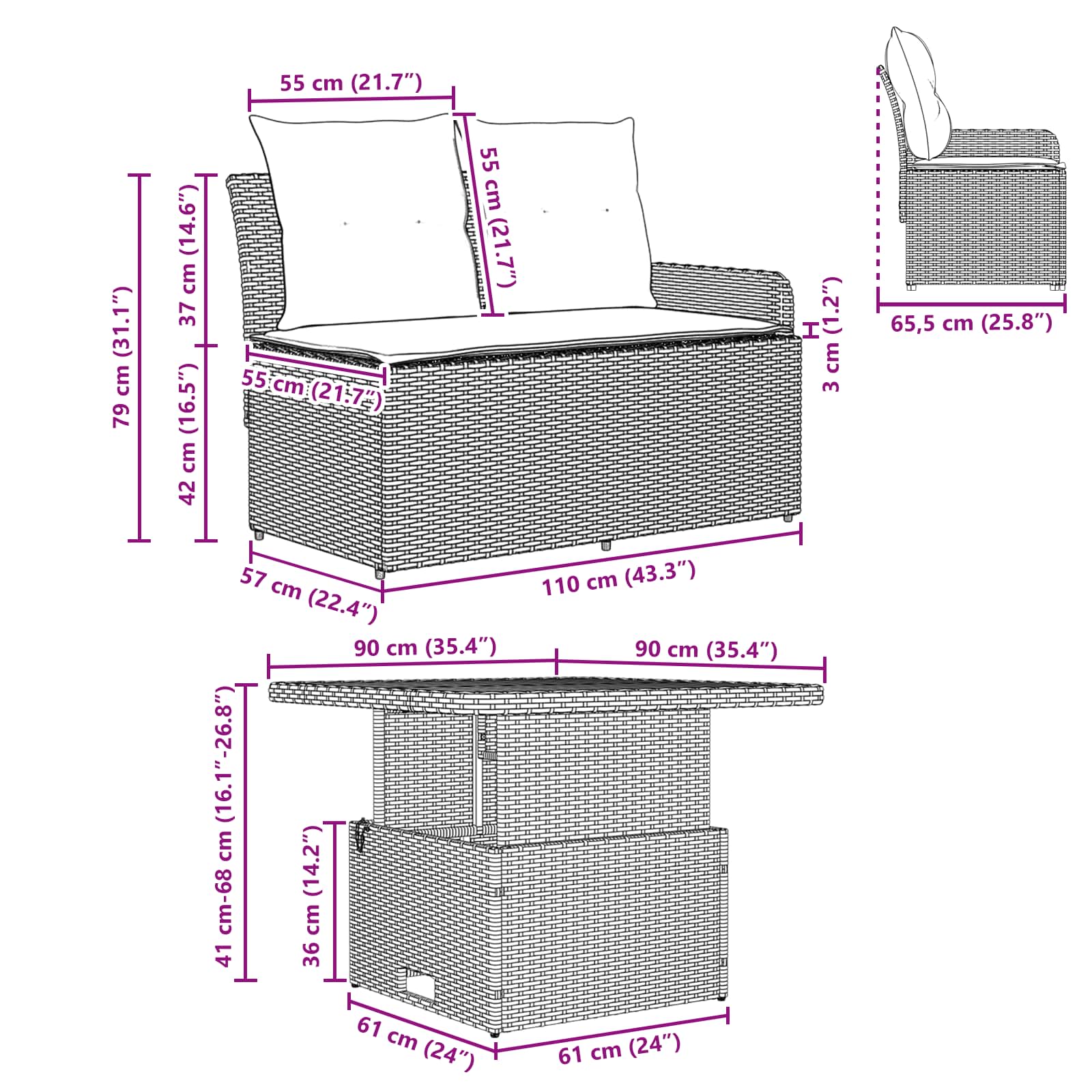 Sofá de Jardín con Reposabrazos y Mesa Elevable 2 Pieza