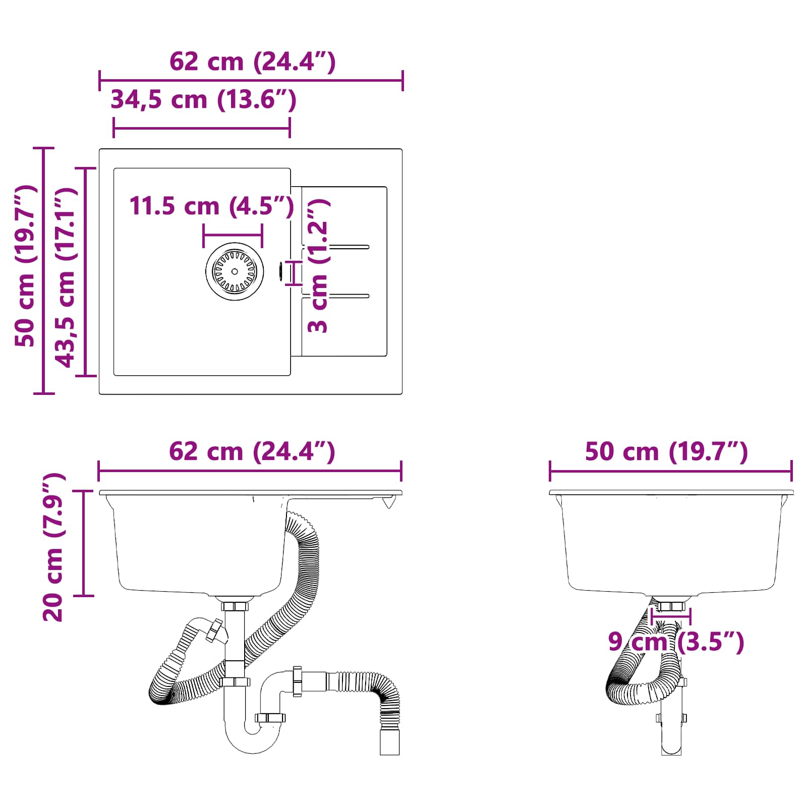 Lavabo 620 x 500 mm 80% Cuarzo y 20% Resina
