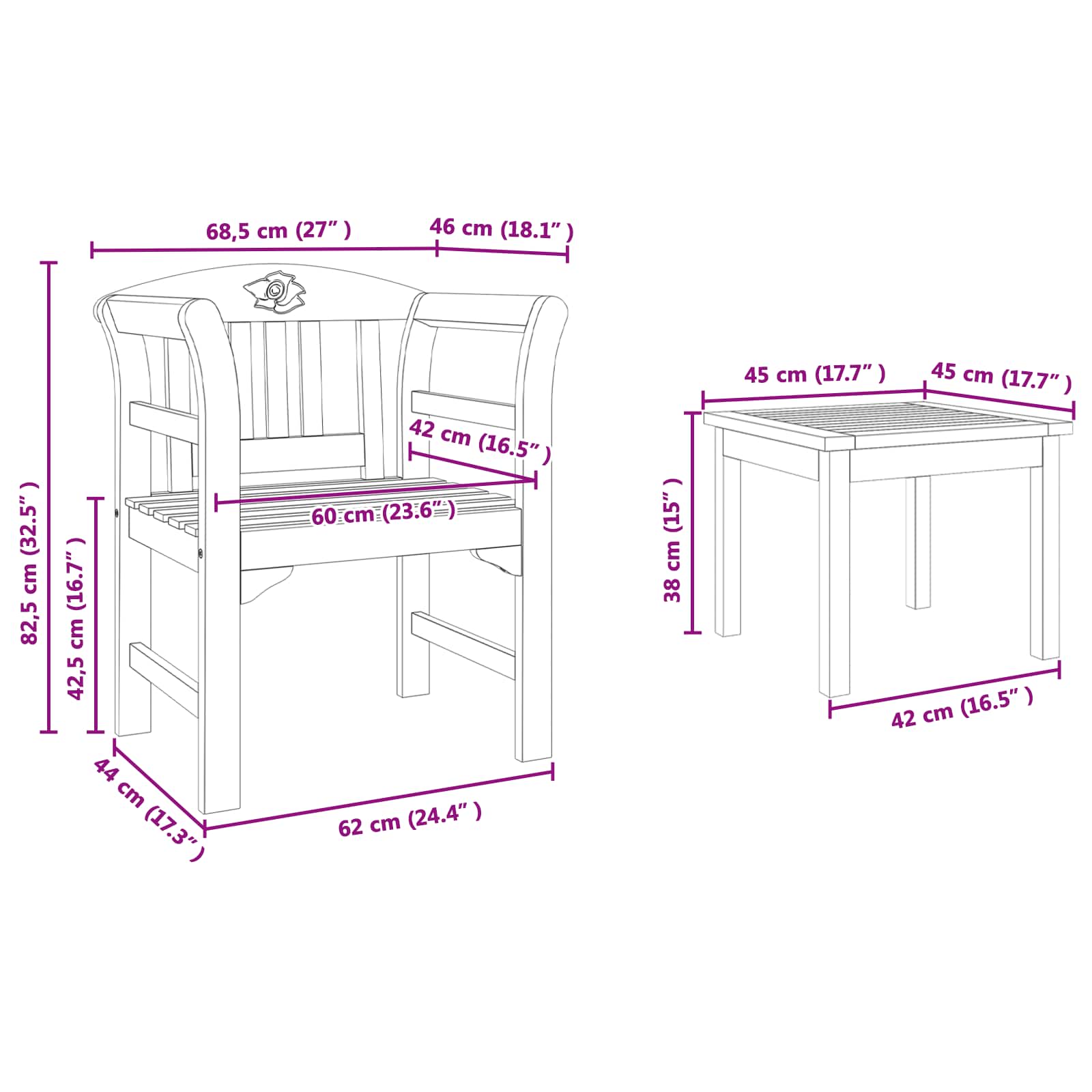 Conjunto de salón Rosa del jardín 3 pcs Madera de Acacia Sólida