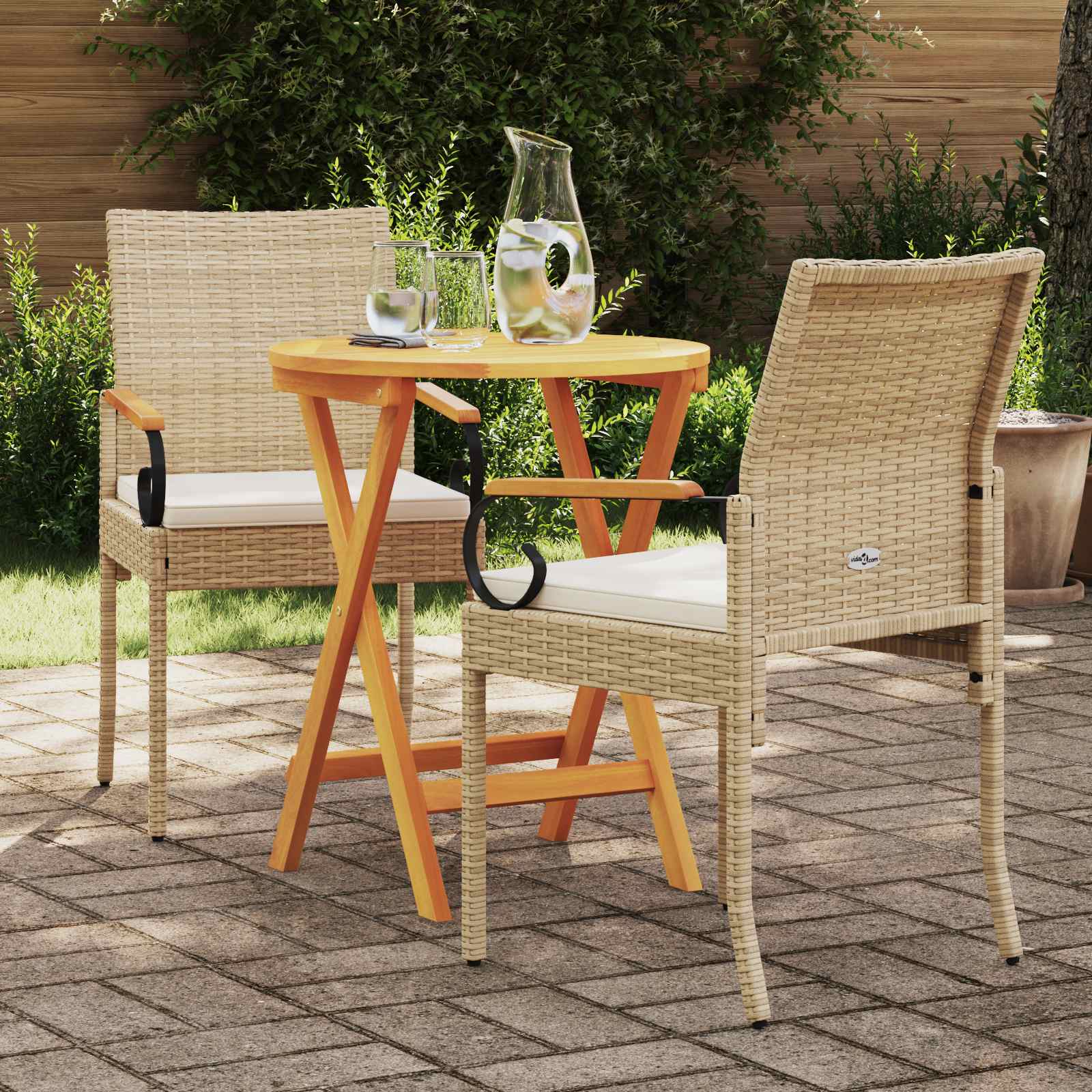 Sillas de jardín 2 pcs Beige y blanco crema Poliratán y Acacia