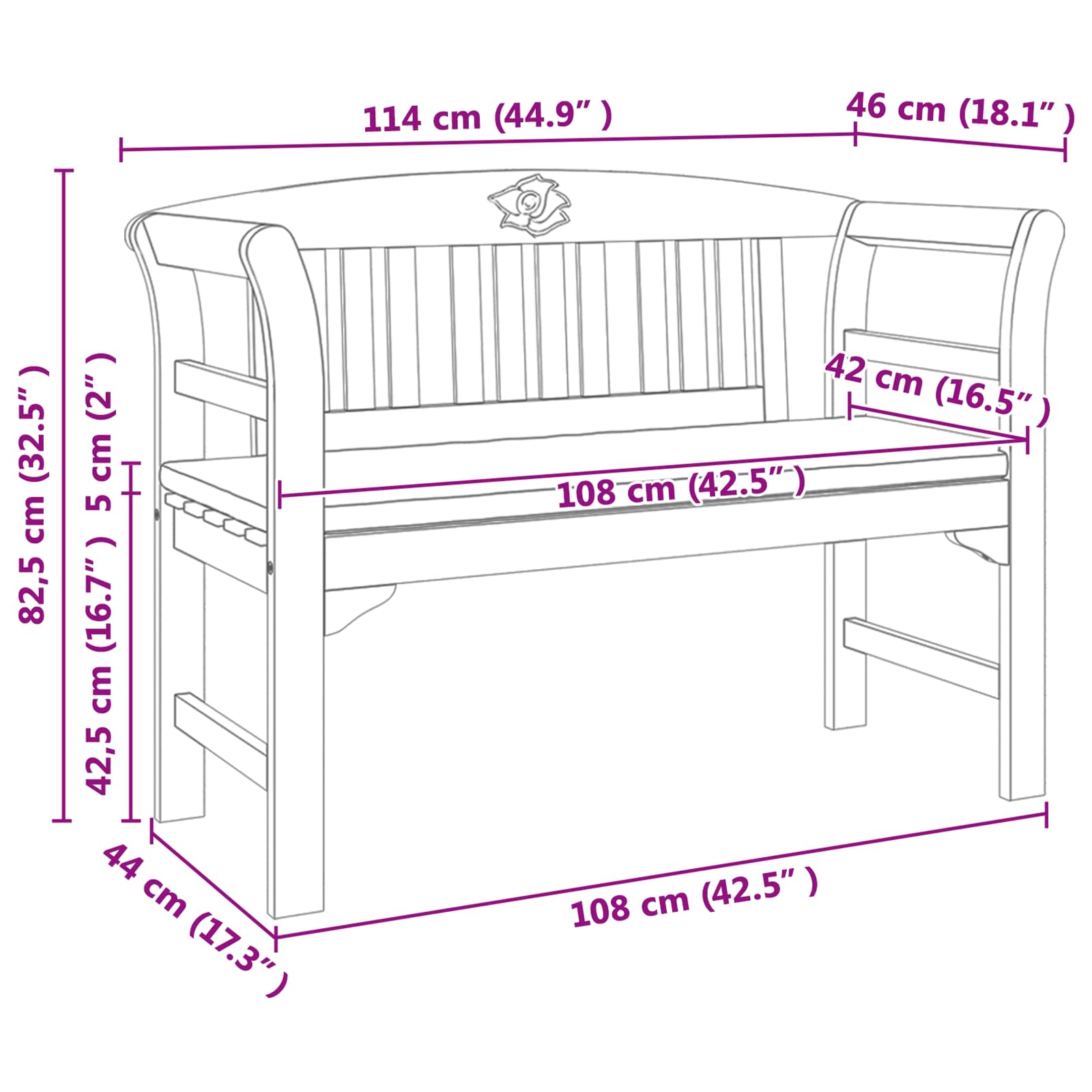 Banco de Rosa Crema 114 x 46 x 82,5 cm Madera de Acacia Sólida