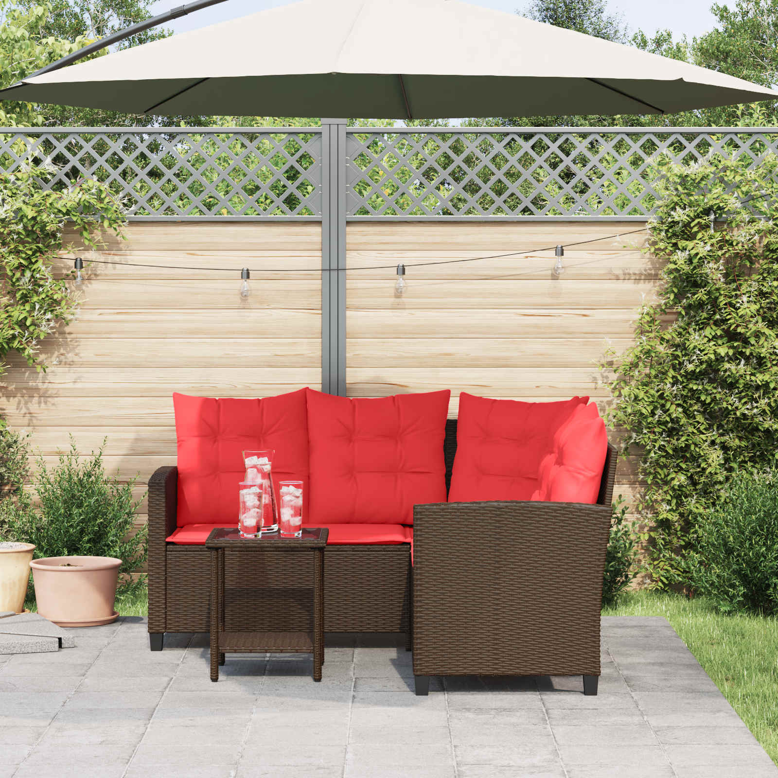 Conjunto de sofás de exterior con cojín 2 pcs Marrón y Rojo