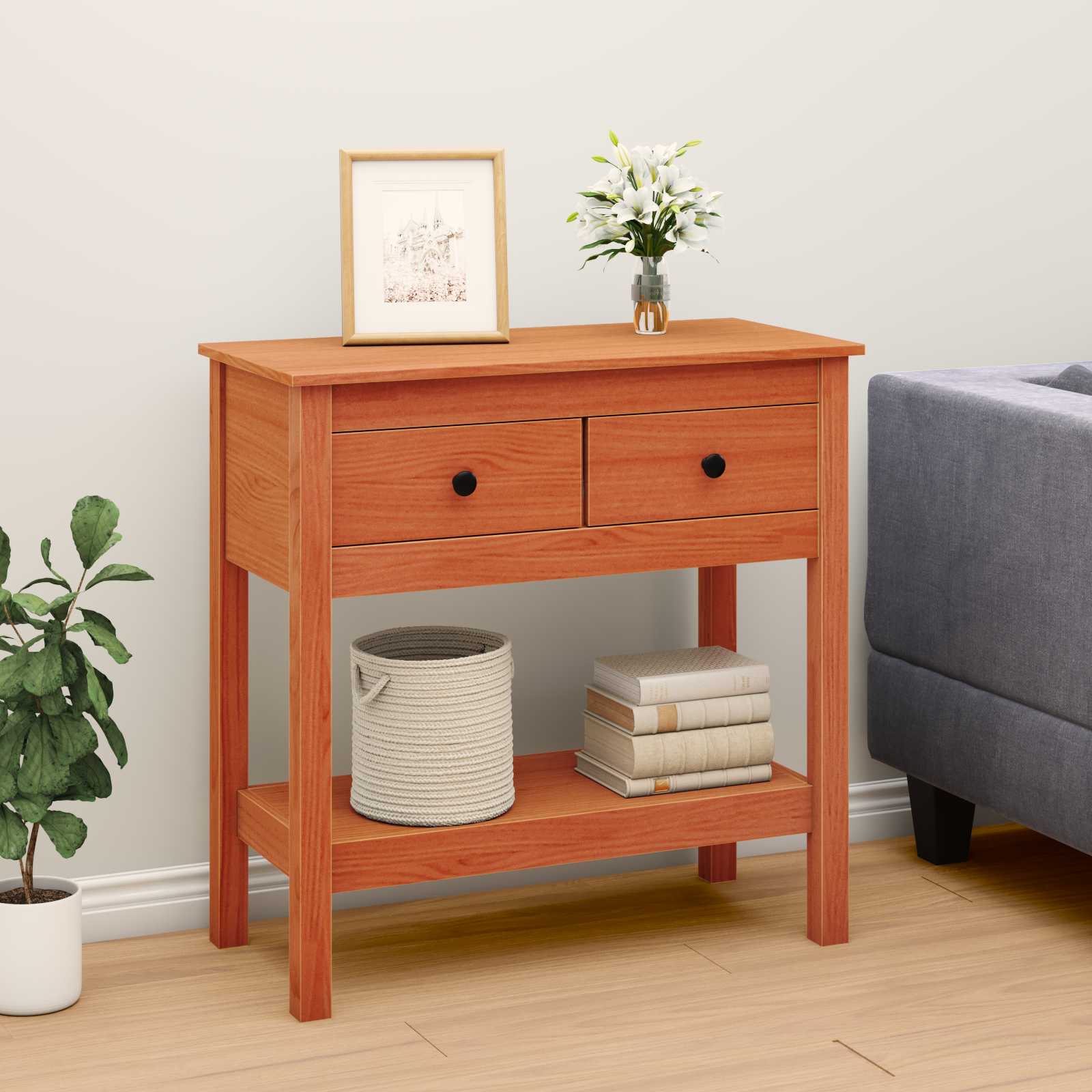 Brown Console Table wax 100 x 35 x 75 cm Solid Pine Wood