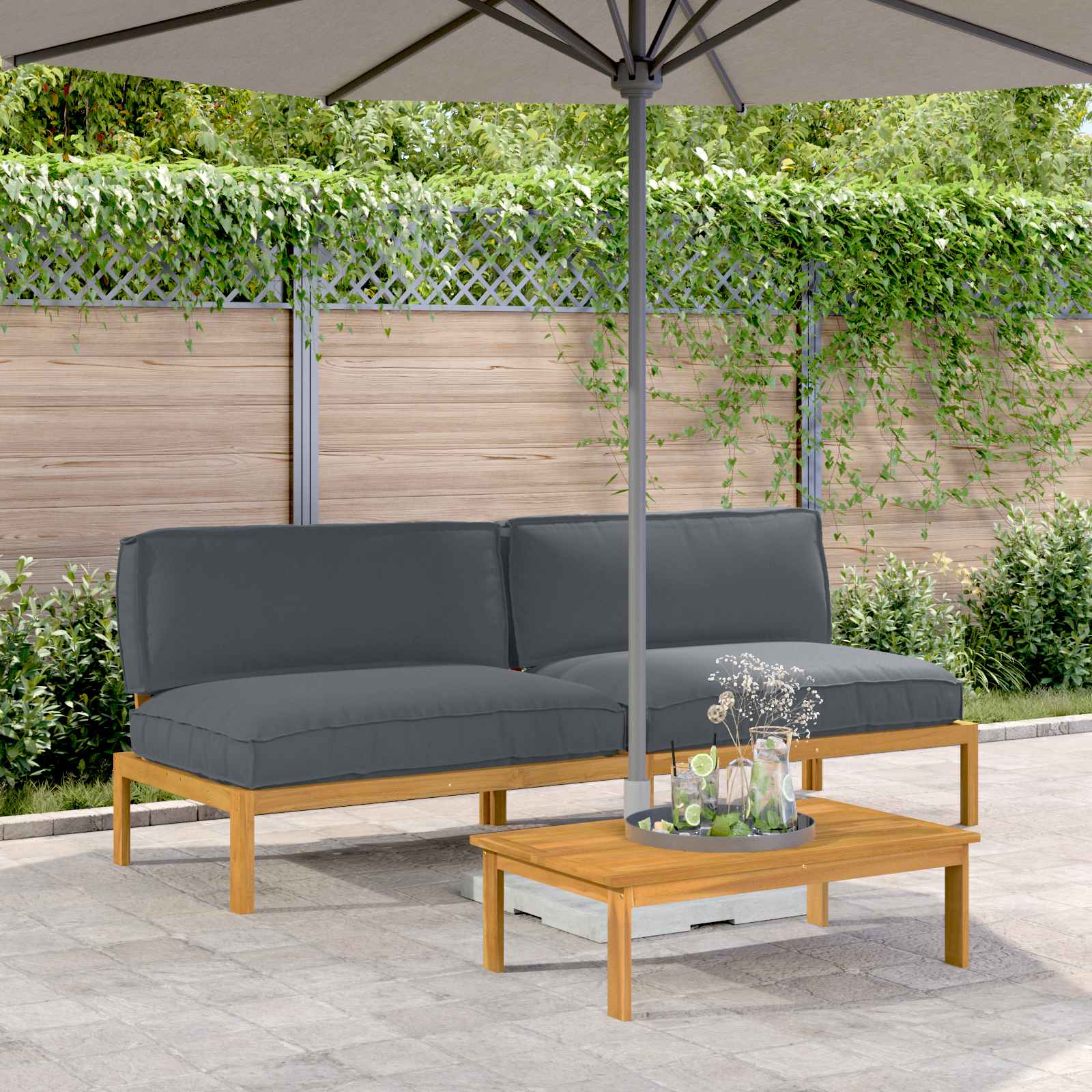 2-Piece Sofa Set with Cushions Anthracite Solid Acacia Wood