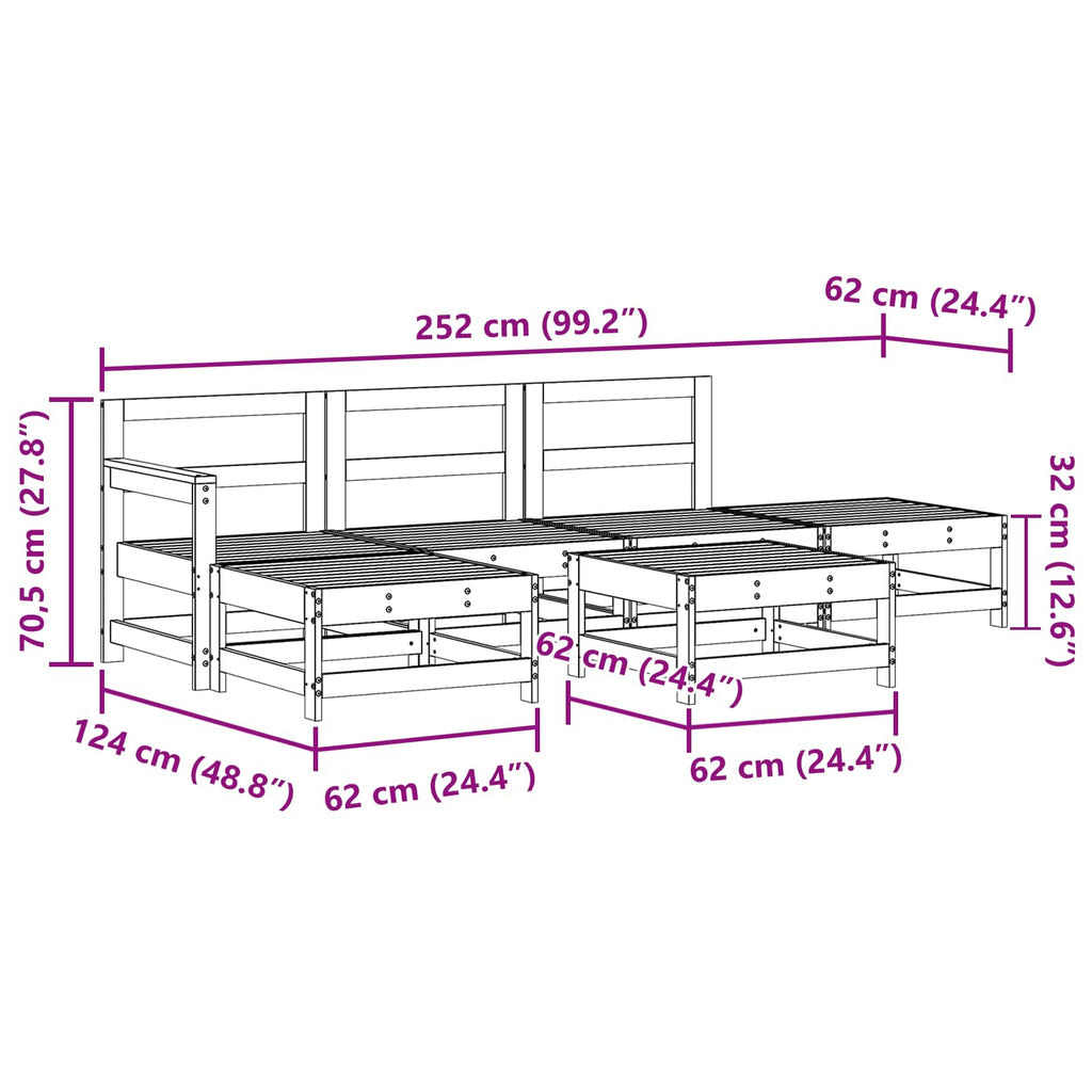 Conjunto de Sofás de Jardín 6 pcs Marrón Cera Pino macizo