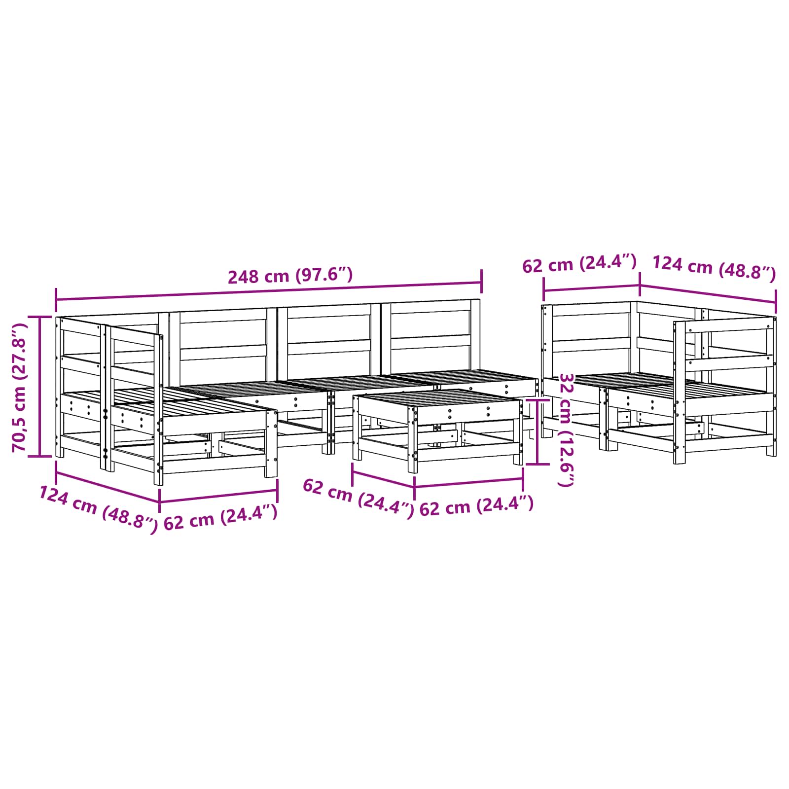 Conjunto de Sofás de Jardín 8 pcs Marrón Cera Pino macizo