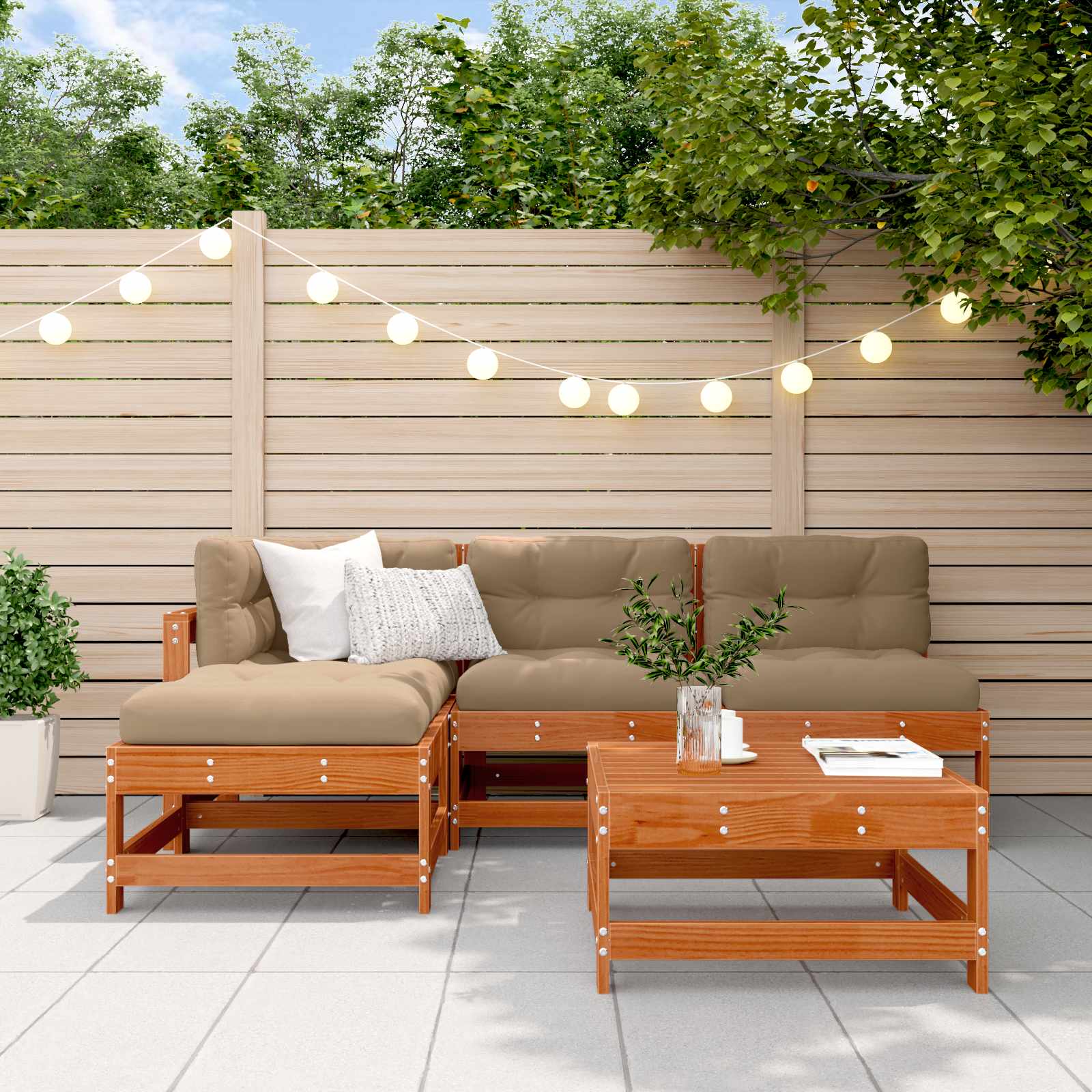 Conjunto de Sofás de Jardín 5 pcs Marrón Cera
