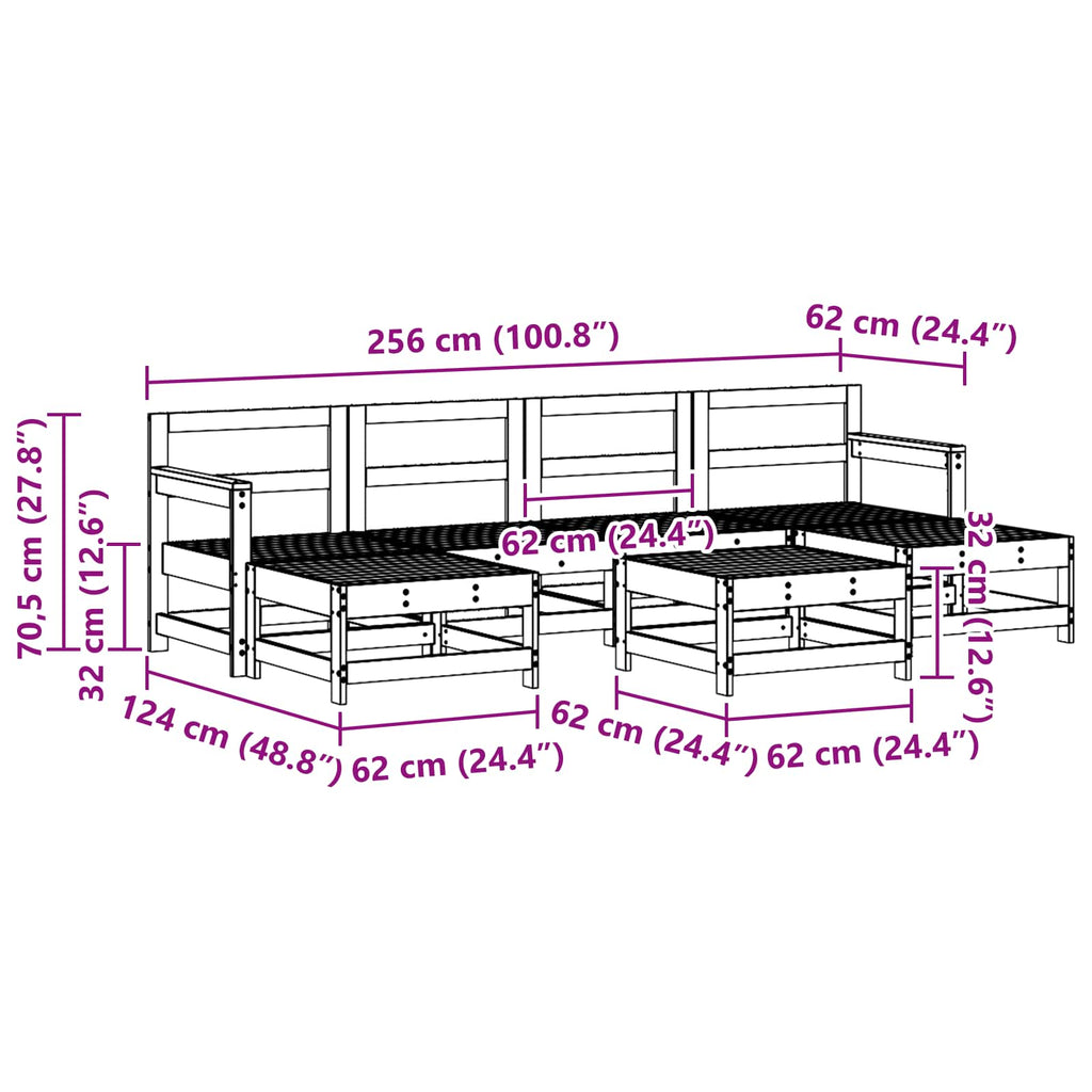 Conjunto de Sofás de Jardín 7 pcs Marrón Cera Pino macizo
