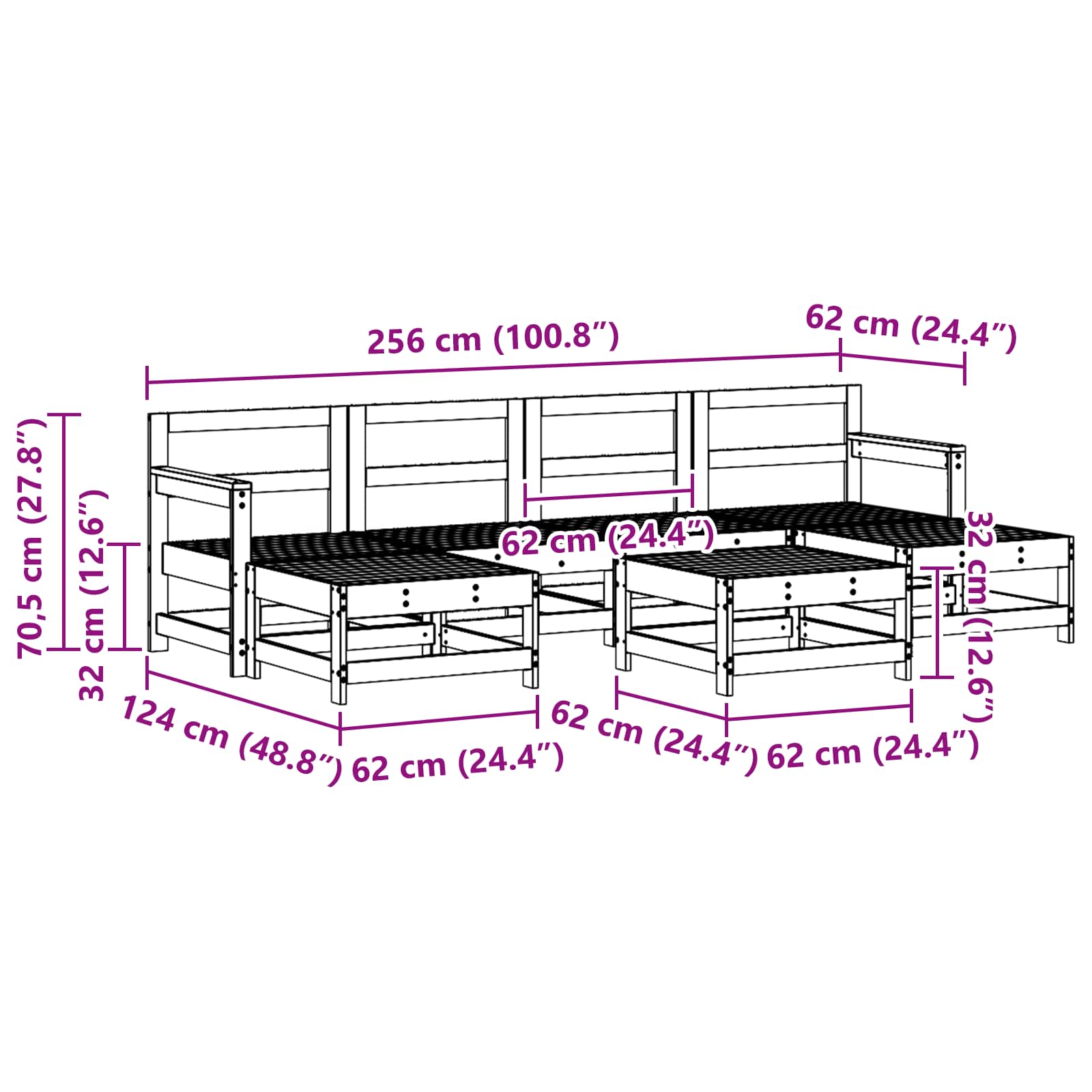 Conjunto de Sofás de Jardín 7 pcs Marrón Cera Pino macizo