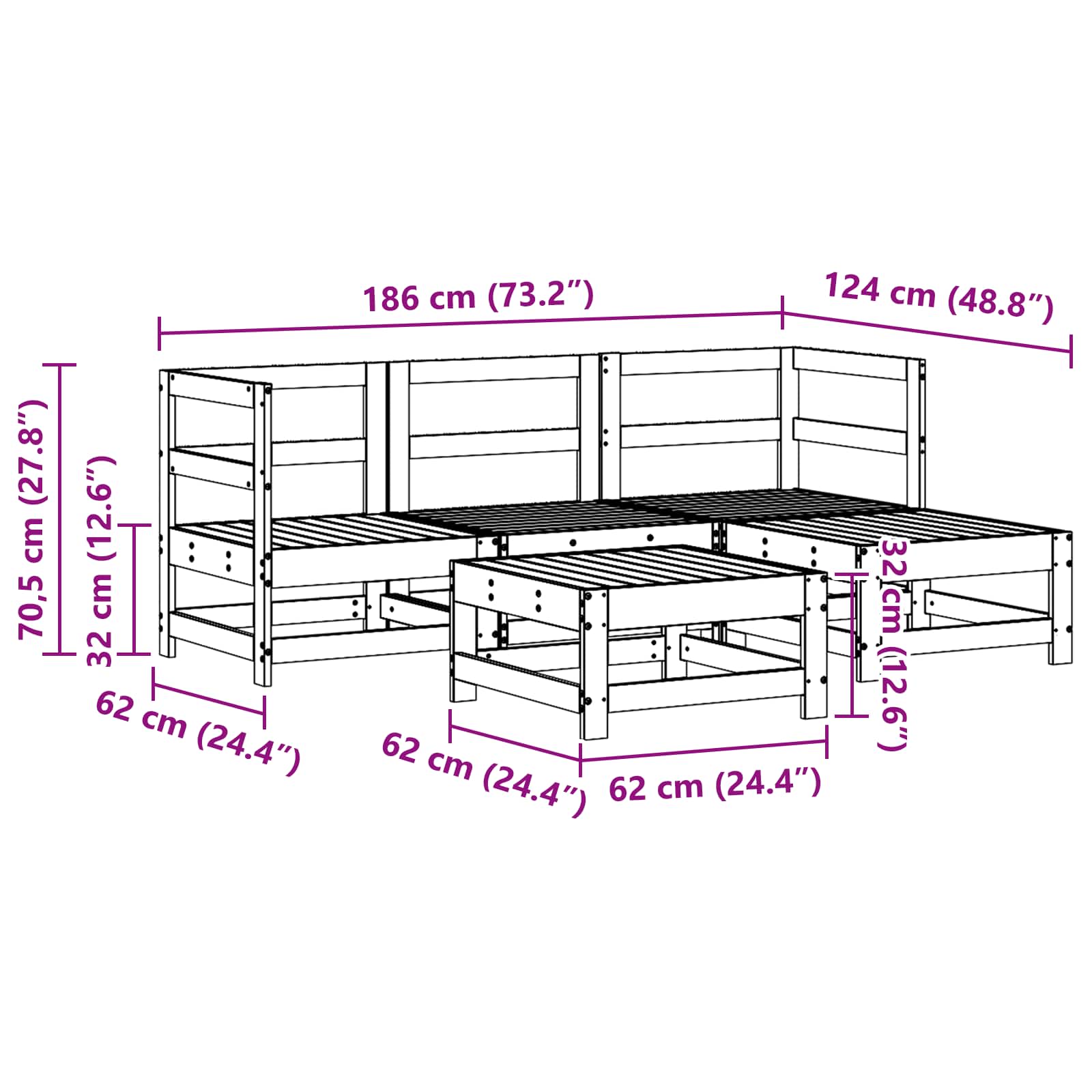 Conjunto de Sofás de Jardín 5 pcs Marrón Cera Pino macizo
