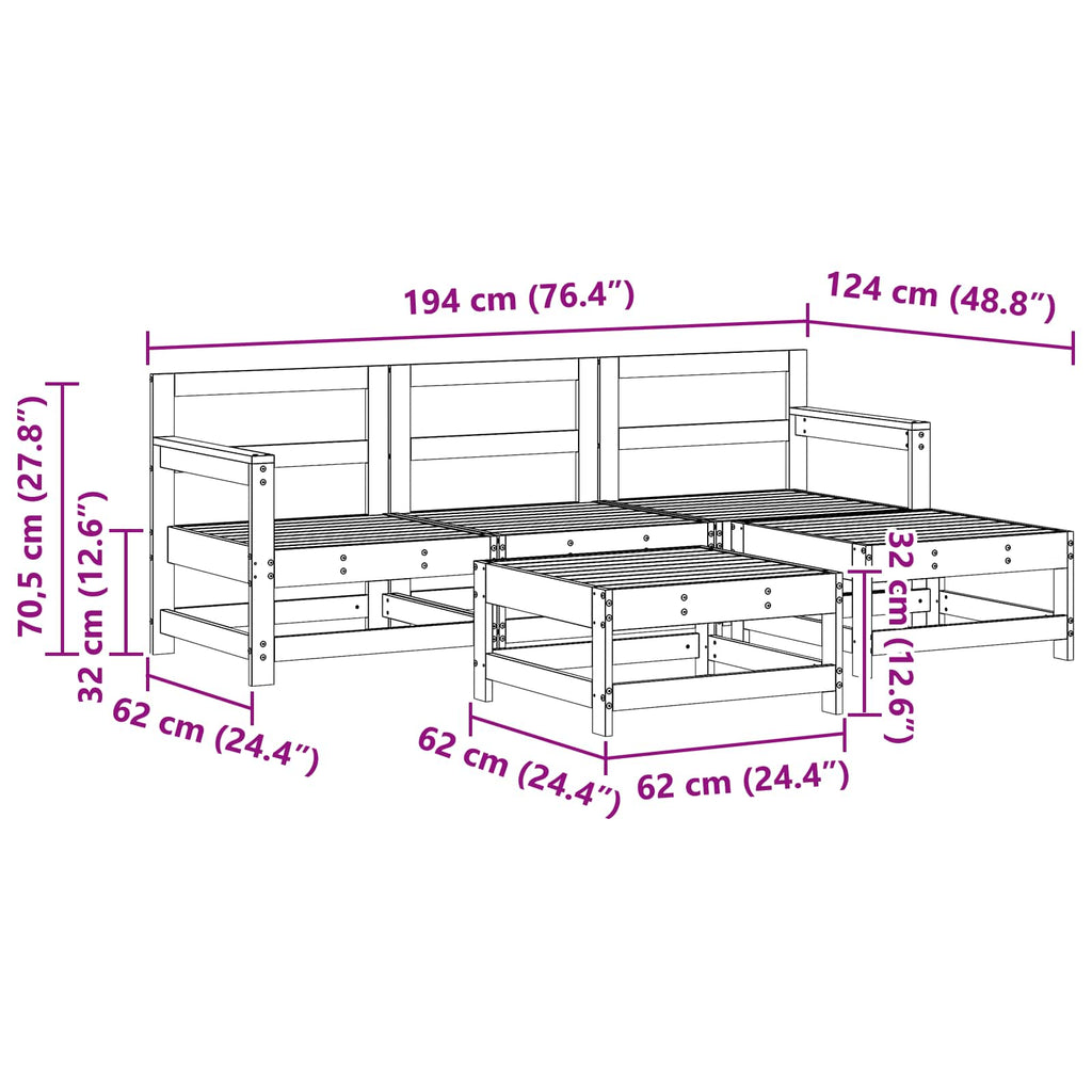 Conjunto de Sofás de Jardín 5 pcs Marrón Cera Pino macizo