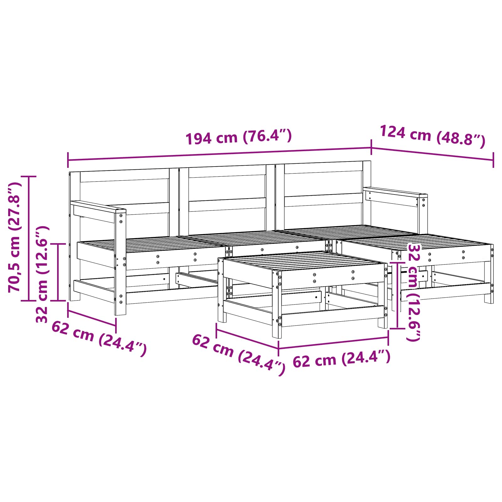 Conjunto de Sofás de Jardín 5 pcs Marrón Cera Pino macizo