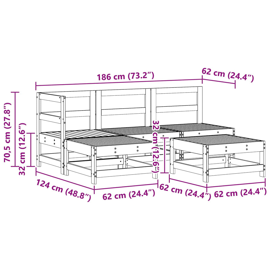 Conjunto de Sofás de Jardín 5 pcs Marrón Cera Pino macizo