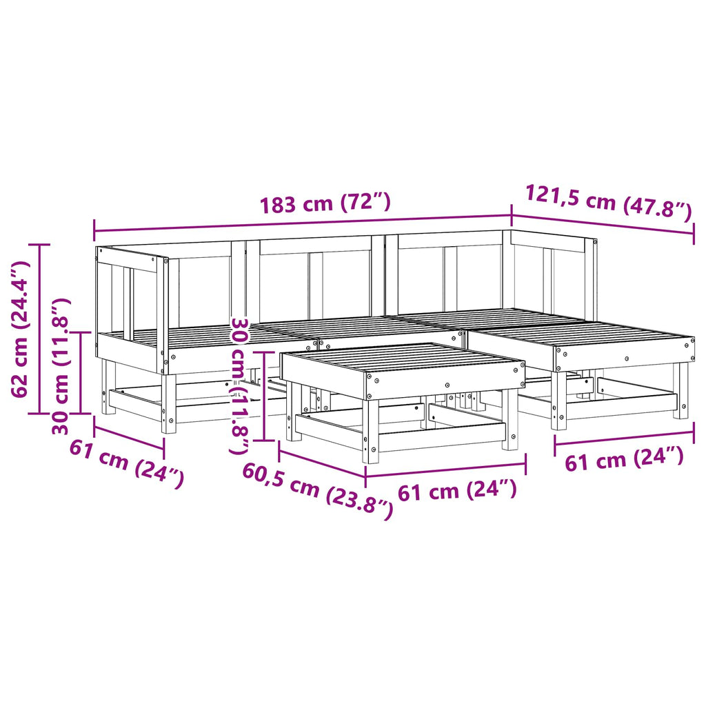 Conjunto de Sofás de Jardín 5 pcs Marrón Cera Pino macizo