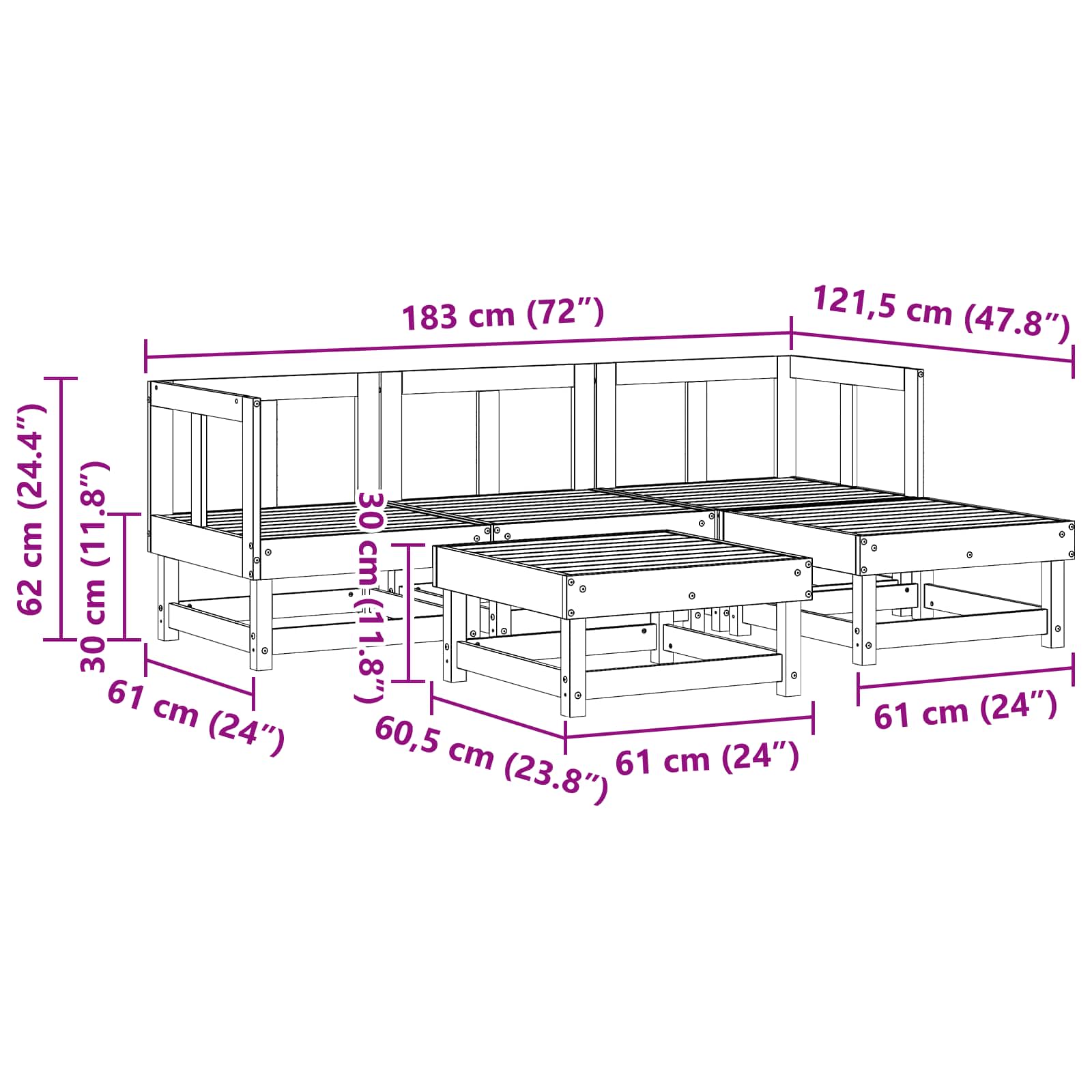 Conjunto de Sofás de Jardín 5 pcs Marrón Cera Pino macizo