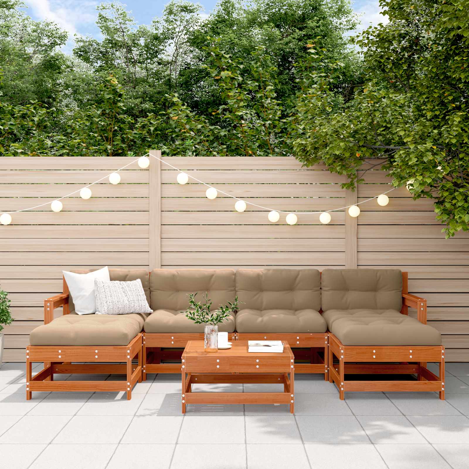 Conjunto de Sofás de Jardín 7 pcs Marrón Cera Pino macizo
