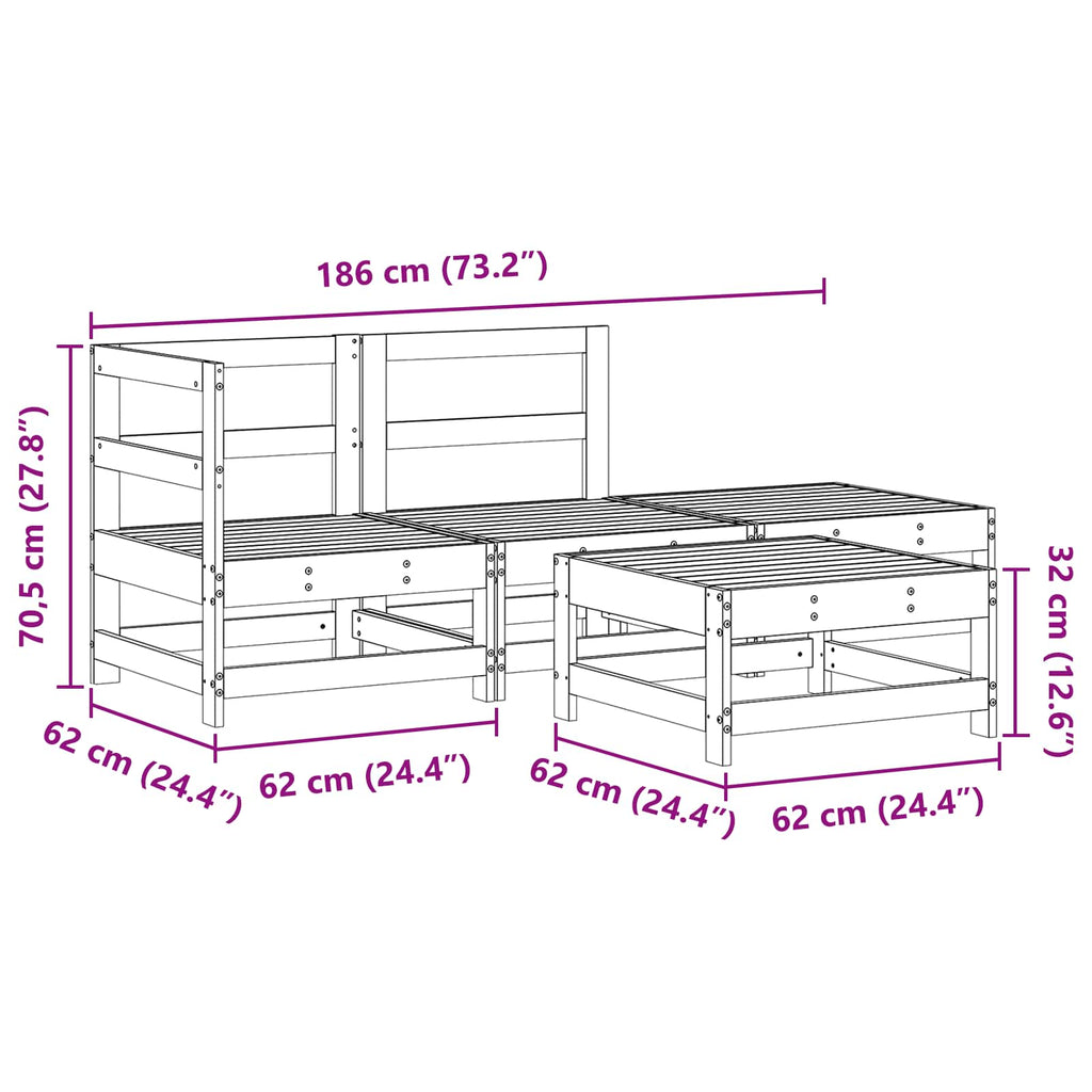 Conjunto de Sofás de Jardín 4 pcs Marrón Cera Pino macizo