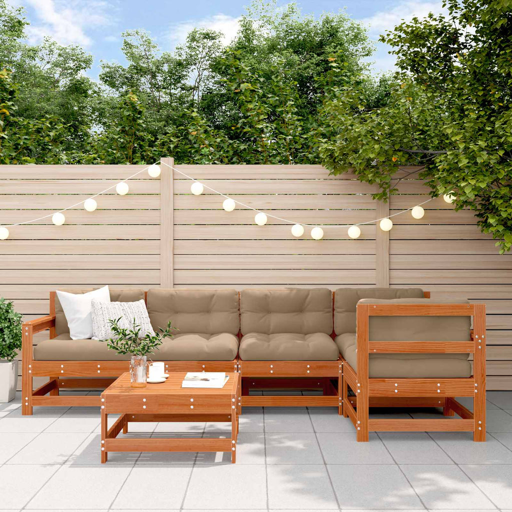 Conjunto de Sofás de Jardín 6 pcs Marrón Cera Pino macizo