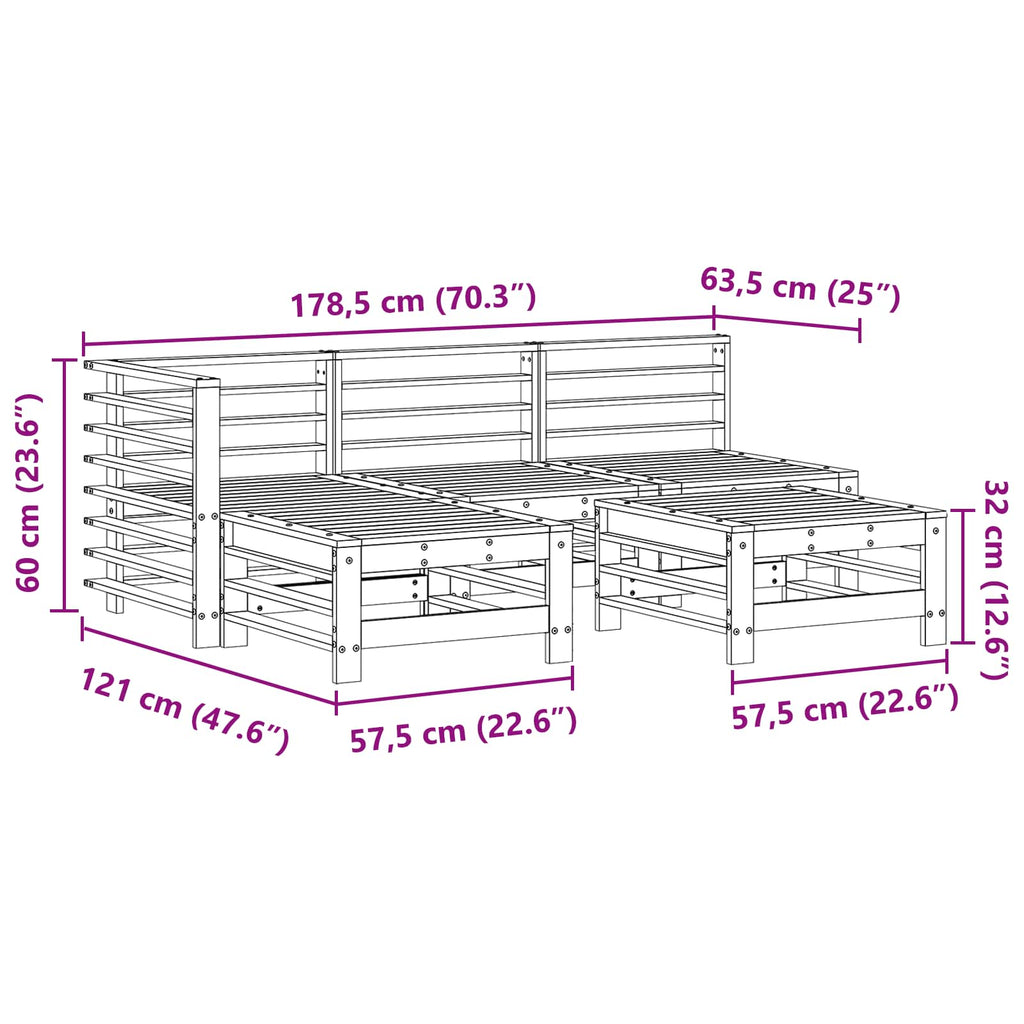 Conjunto de Sofás de Jardín 5 pcs Marrón Cera Pino macizo