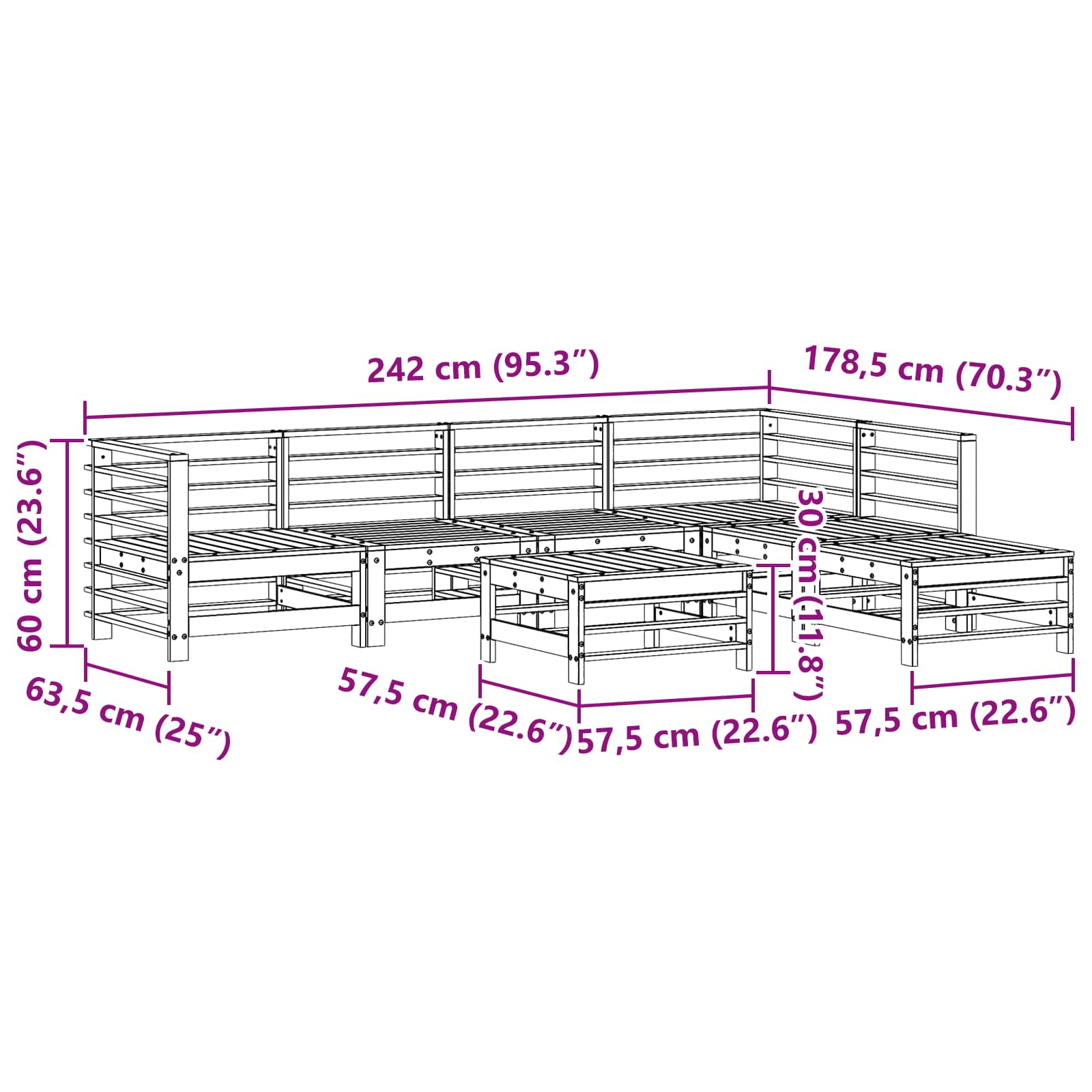 Conjunto de Sofás de Jardín 7 pcs Marrón Cera Pino macizo