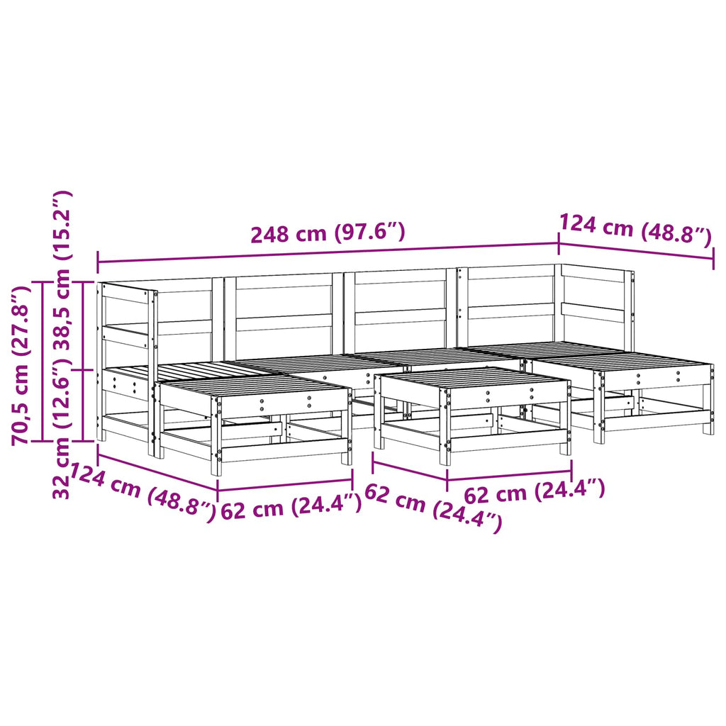 Conjunto de Sofás de Jardín 7 pcs Marrón Cera Pino macizo