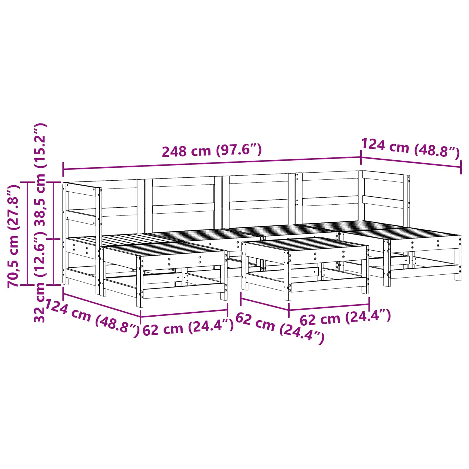 Conjunto de Sofás de Jardín 7 pcs Marrón Cera Pino macizo