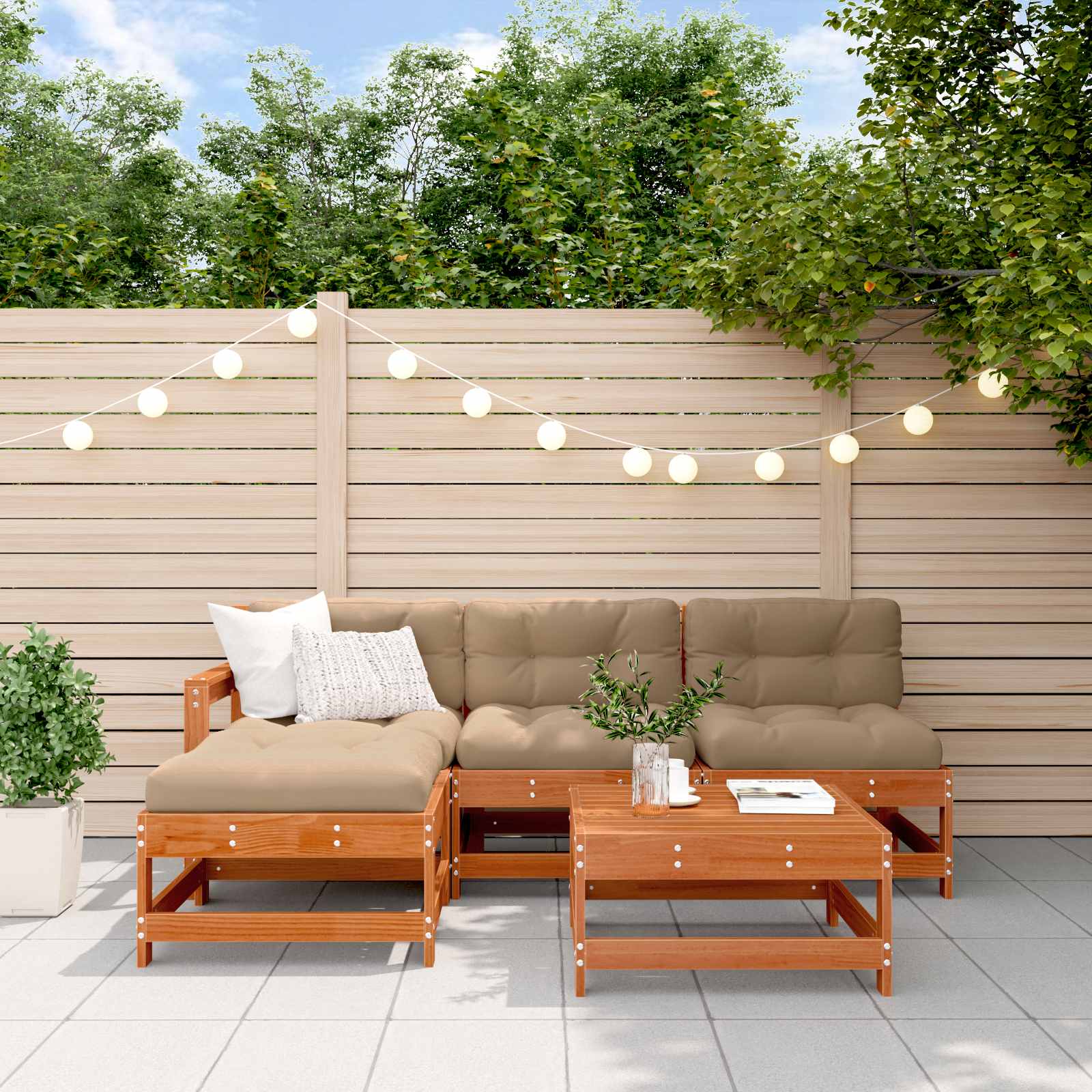 Conjunto de Sofás de Jardín 5 pcs Pino Marrón Encerado