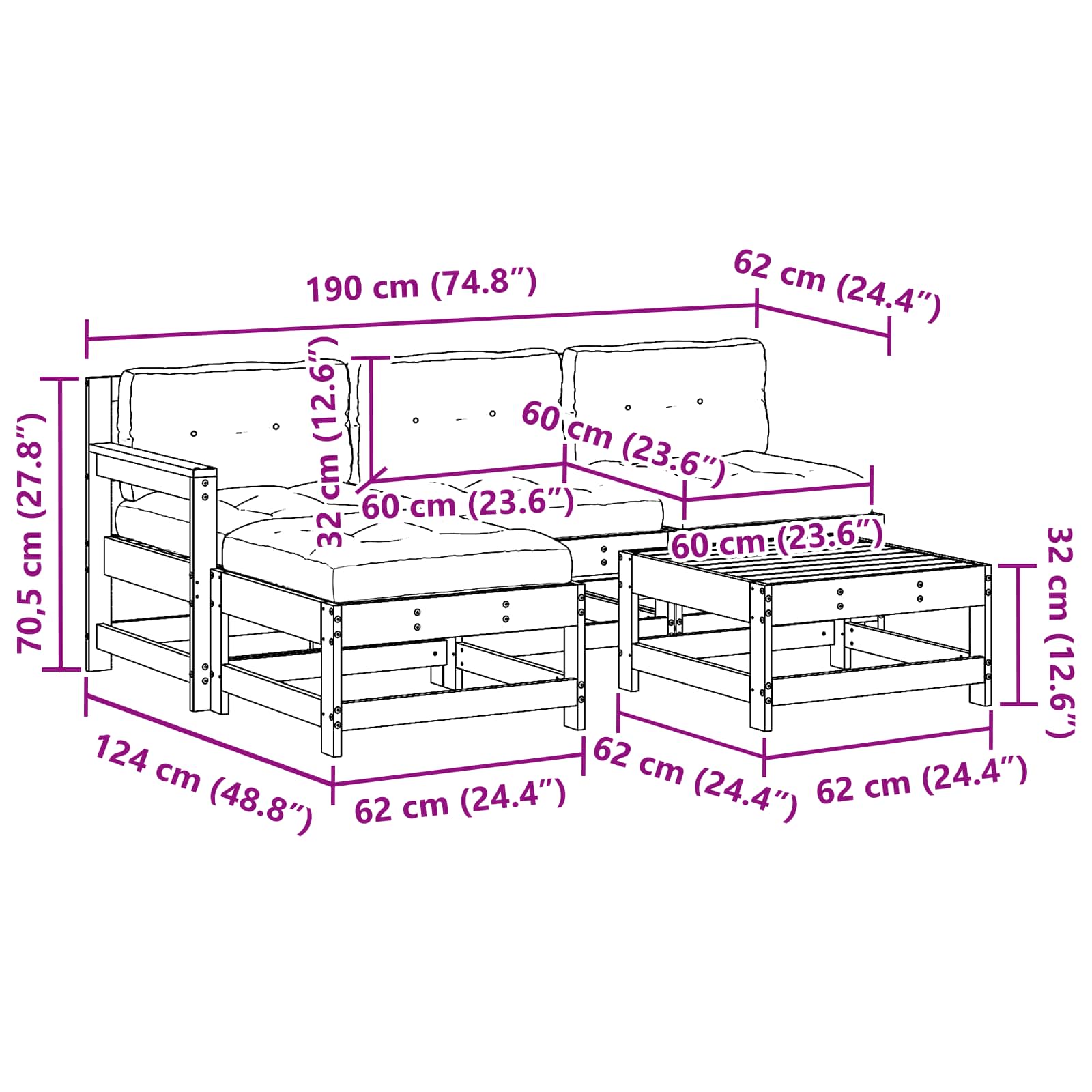 Conjunto de Sofás de Jardín 5 pcs Pino Marrón Encerado