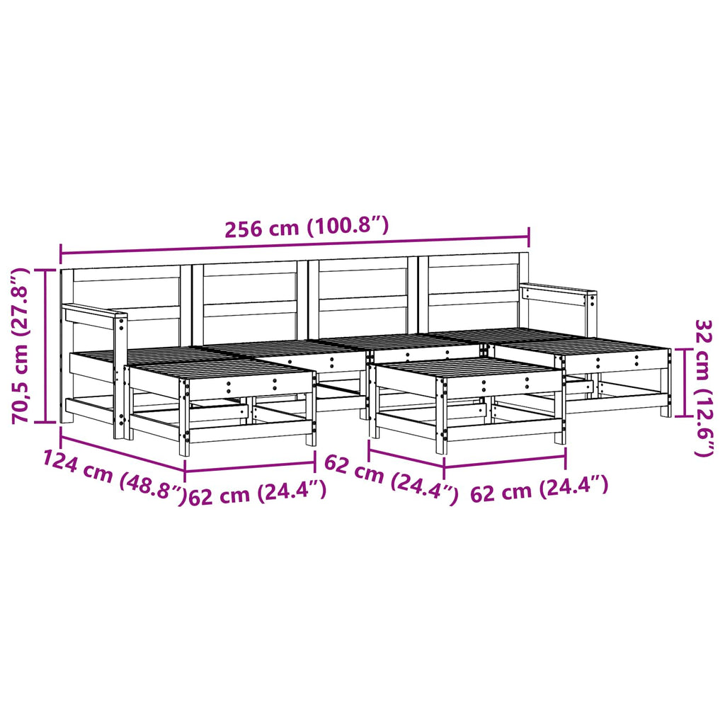 Conjunto de Sofás de Jardín 6 pcs Marrón Cera Pino macizo