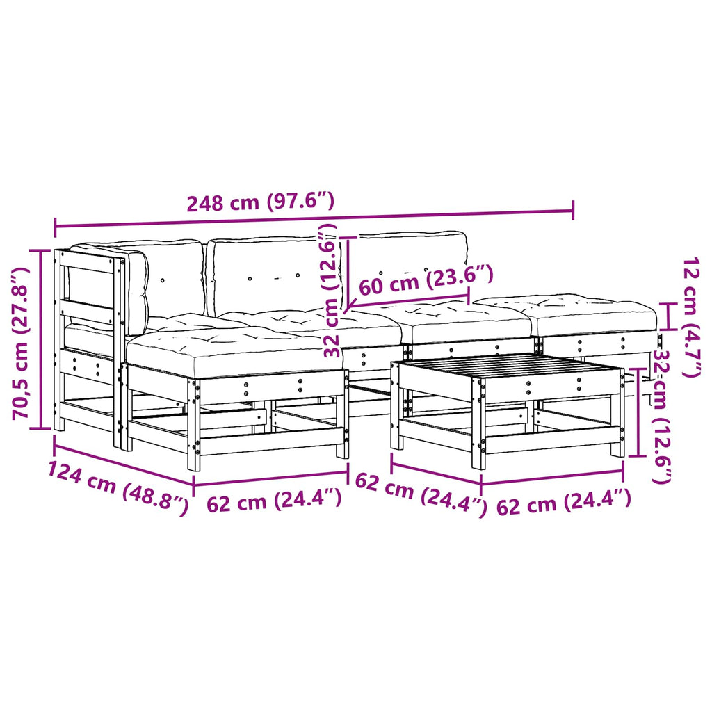 Conjunto de Sofás de Jardín 5 pcs Pino Marrón Encerado