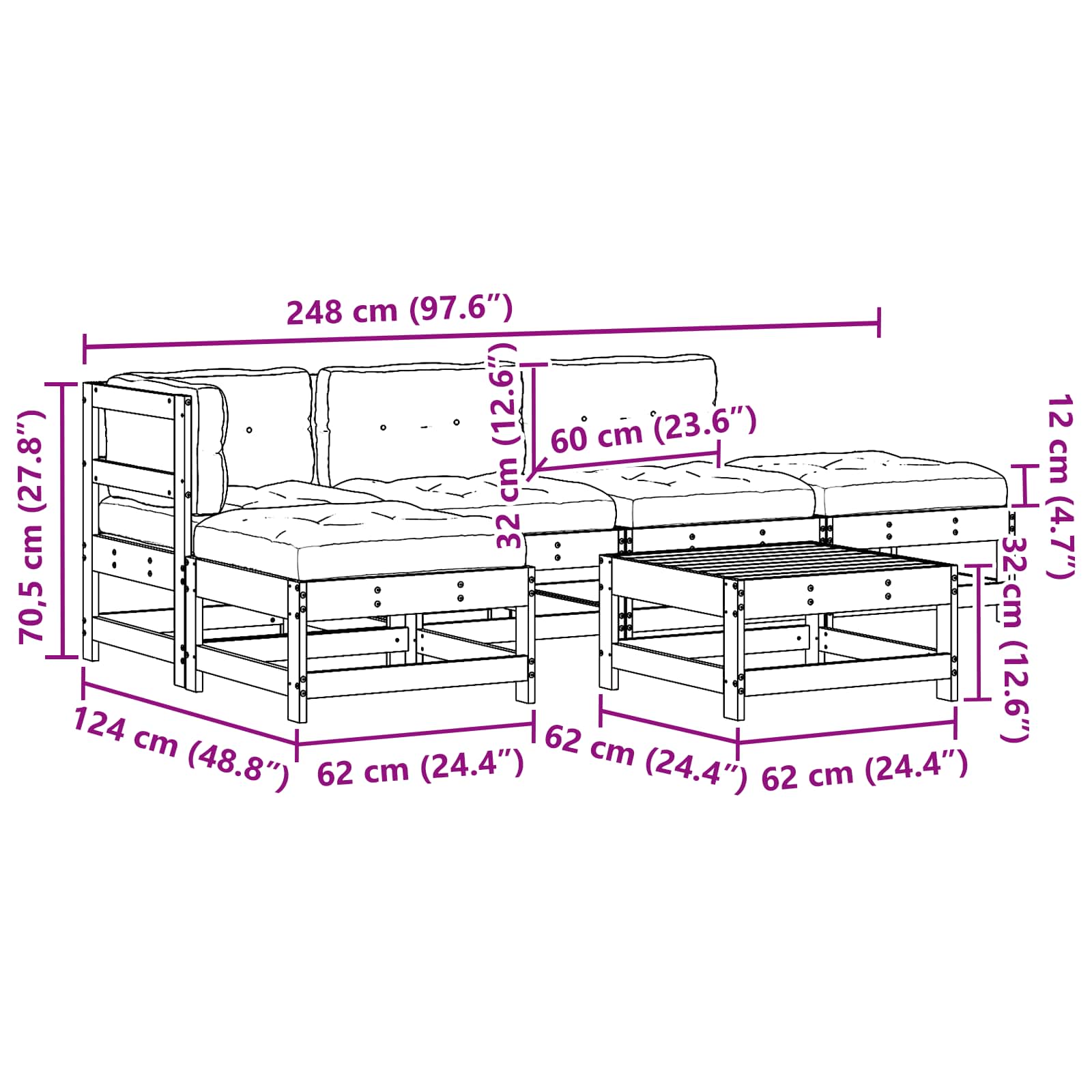 Conjunto de Sofás de Jardín 5 pcs Pino Marrón Encerado