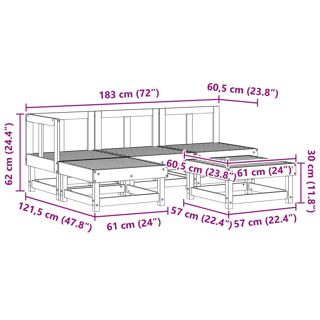 Conjunto de Sofás de Jardín 5 pcs Marrón Cera Pino macizo
