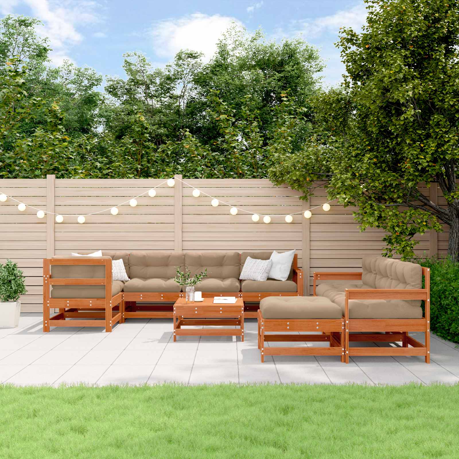 Conjunto de Sofás de Jardín 10 pcs Pino Marrón Encerado