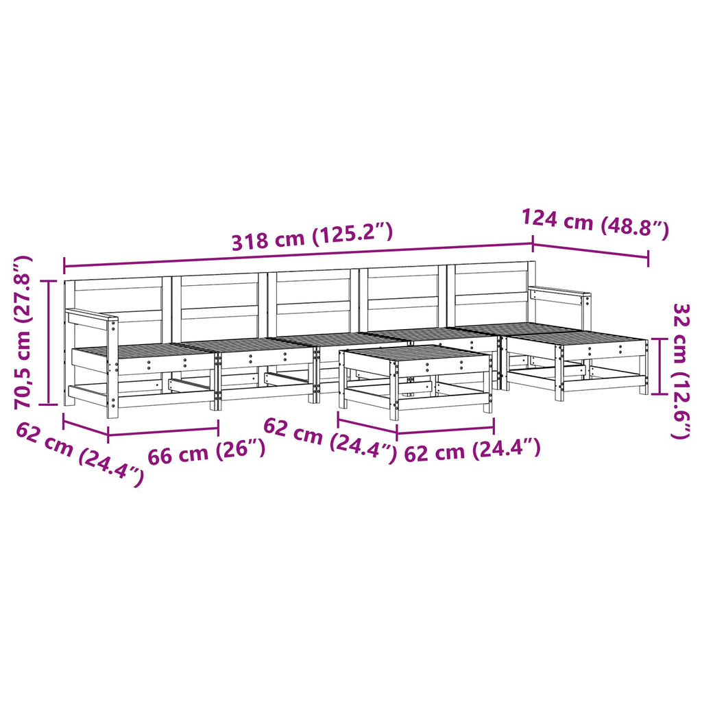 Conjunto de Sofás de Jardín 6 pcs Marrón Cera Pino macizo