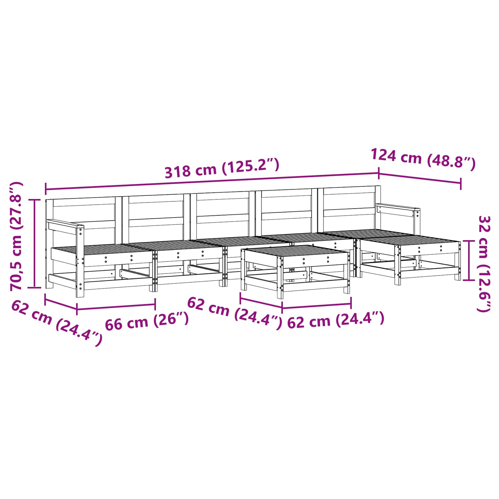 Conjunto de Sofás de Jardín 6 pcs Marrón Cera Pino macizo