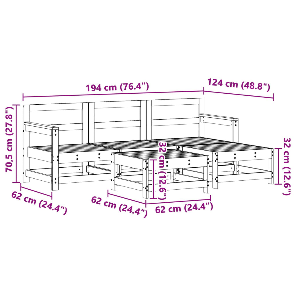 Conjunto de Sofás de Jardín 5 pcs Marrón Cera Pino macizo