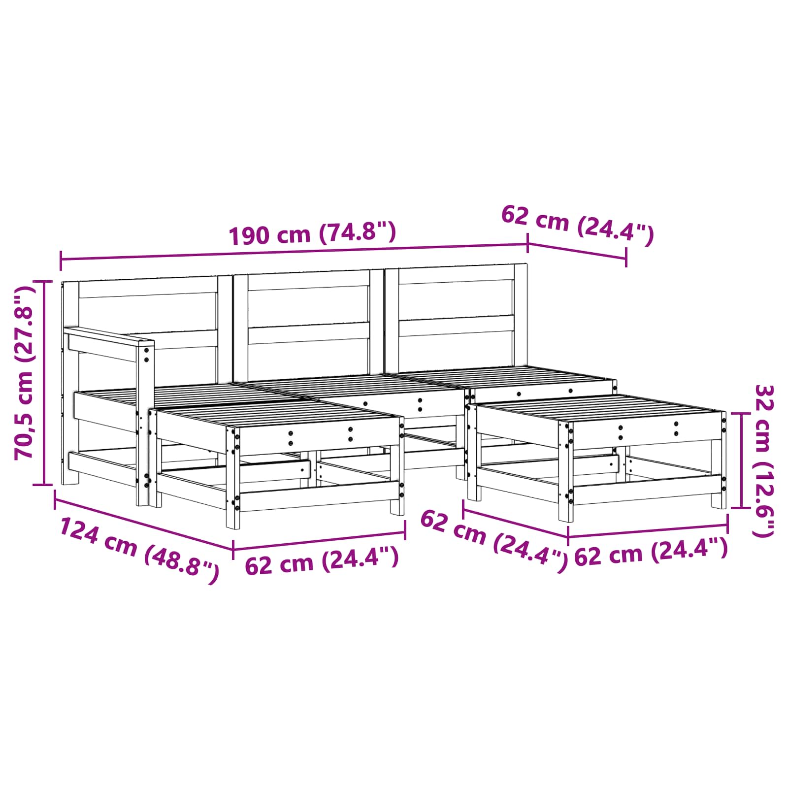 Conjunto de Sofás de Jardín 5 pcs Marrón Cera Pino macizo