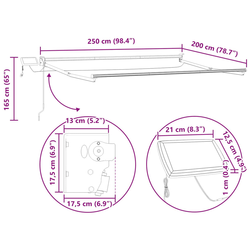 Toldo manual retráctil con LEDs 2,5 x 2 m