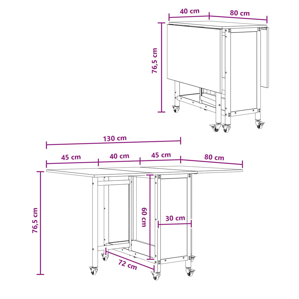 Mesa de comedor plegable con ruedas 130 x 80 x 76,5 cm