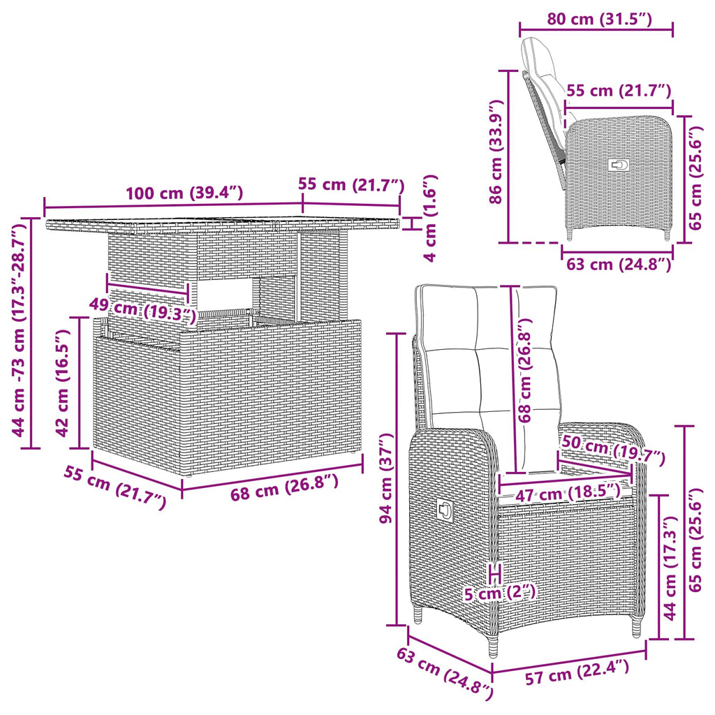 Juego de comedor para exteriores 3 pcs Negro
