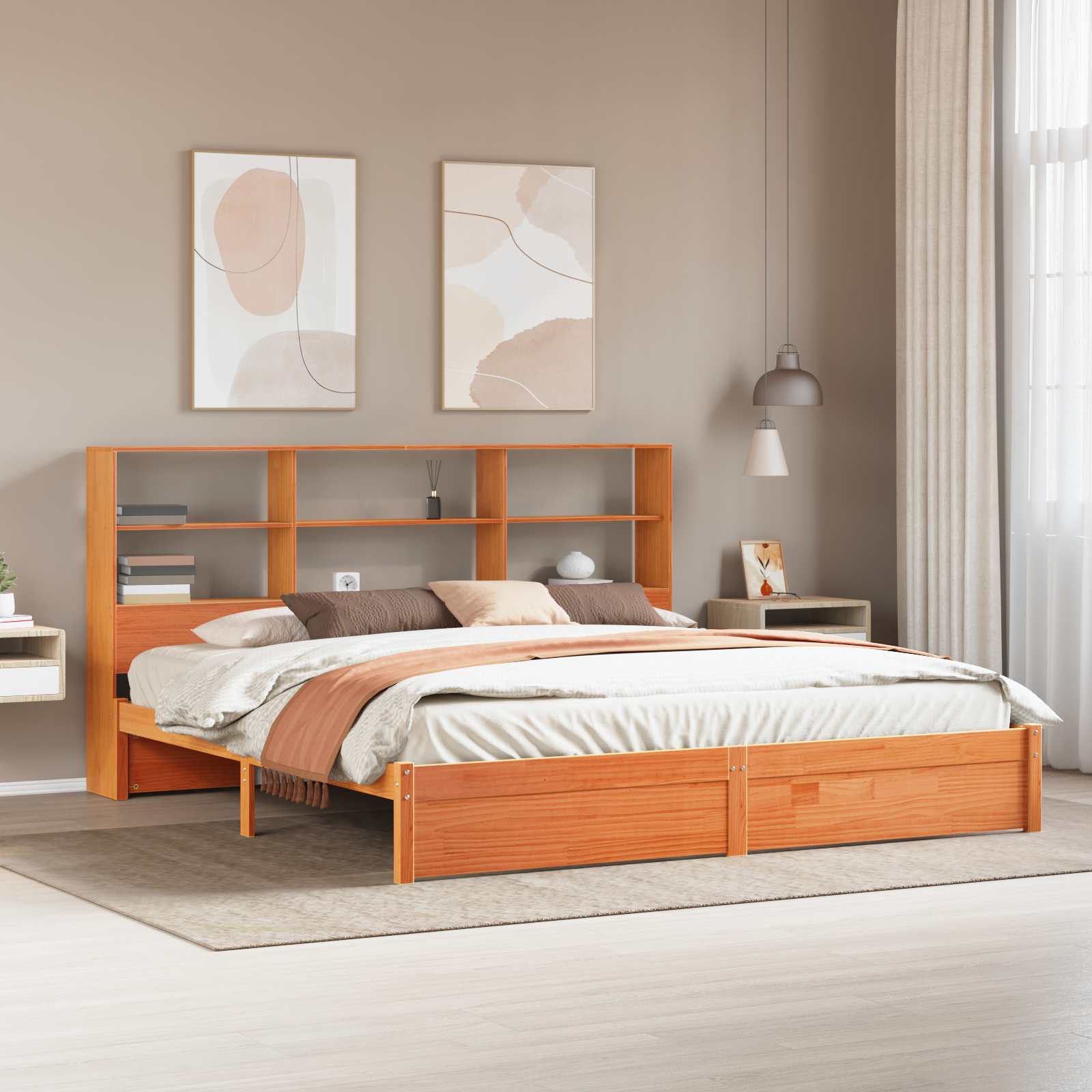 Estrutura de Cama com Cabeceira de Armazenamento Marrom Cera
