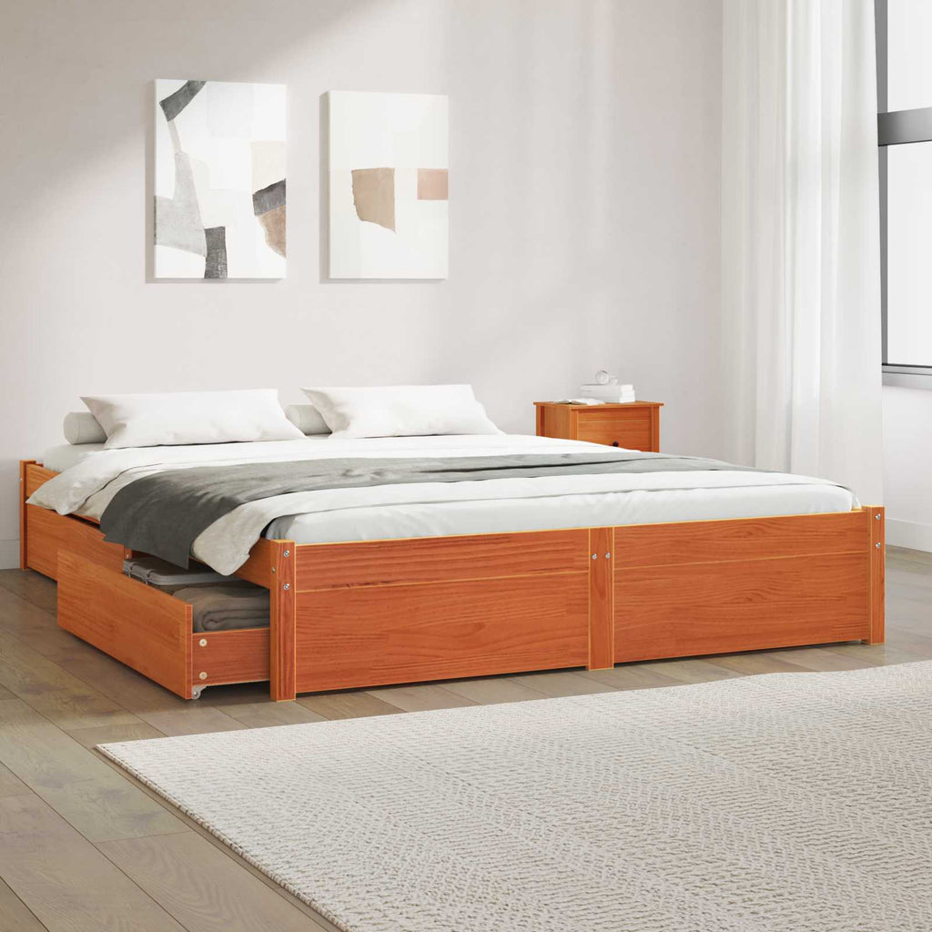 Estructura de cama con cajón con rueda Marrón cera 200 x 200 cm
