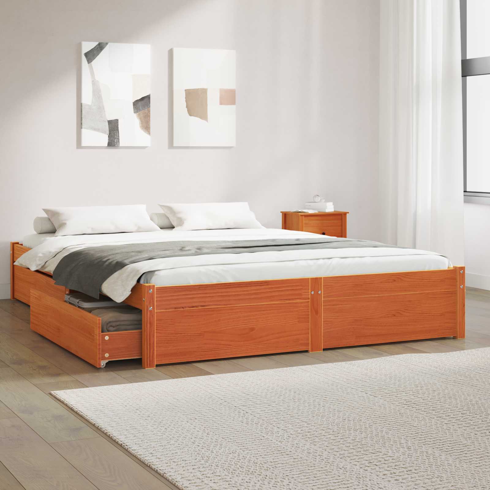 Estructura de cama con cajón con rueda Marrón cera 200 x 200 cm