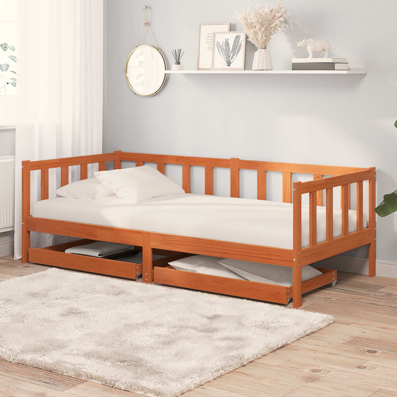 Cama día con cabecera 3 pcs Marrón cera Madera de Pino Macizo