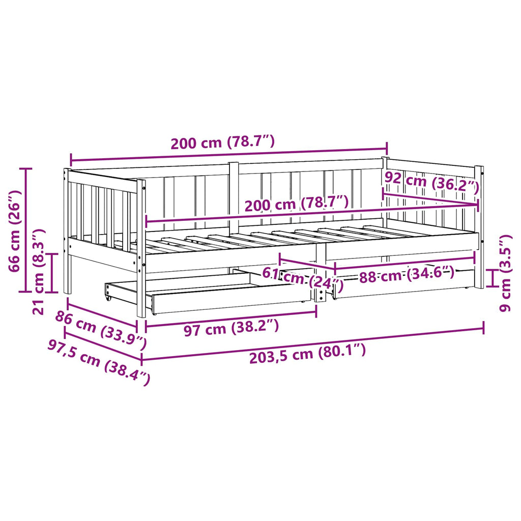 Cama día con cabecera 3 pcs Marrón cera Madera de Pino Macizo