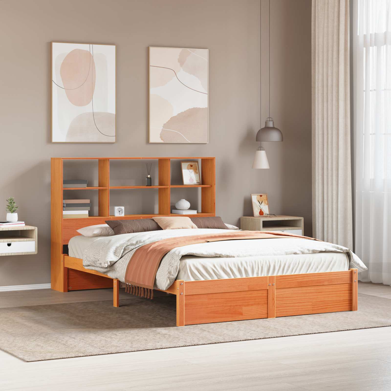 Estrutura de Cama com Cabeceira de Armazenamento Marrom Cera